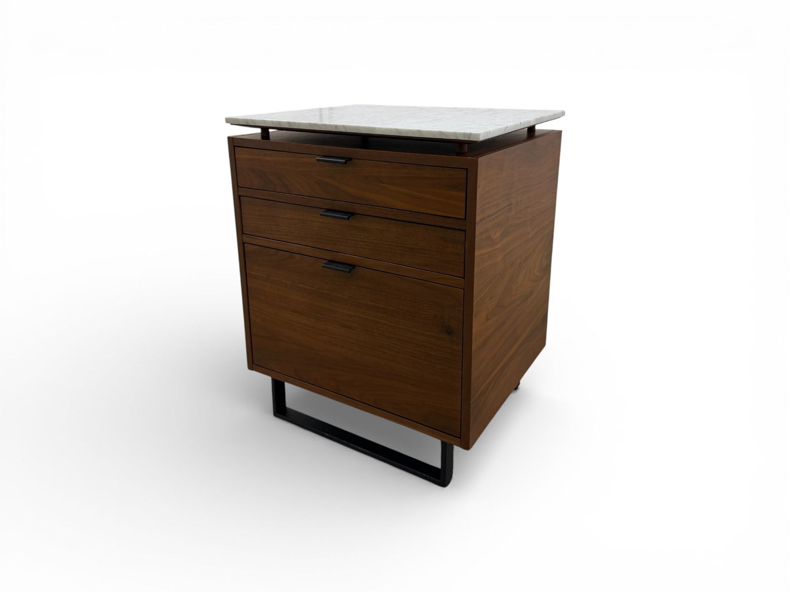 CB2 Fullerton File Cabinet with Carrara Marble Top: Part of CB2's Fullerton collection, designed by VUUE and made from walnut veneer with a white Carrara marble top. Bottom drawer designed for hanging files Dimensions: H: 30 " L: 24" D: 20"
