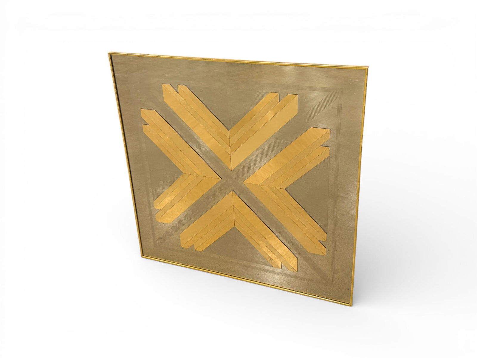 Greg Copeland Pop Art Mirror: A labeled Greg Copeland 1973 geometric design gold Pop Art mirror, Style:1326 Dimensions: H: 40 " W: 40" D: 1"