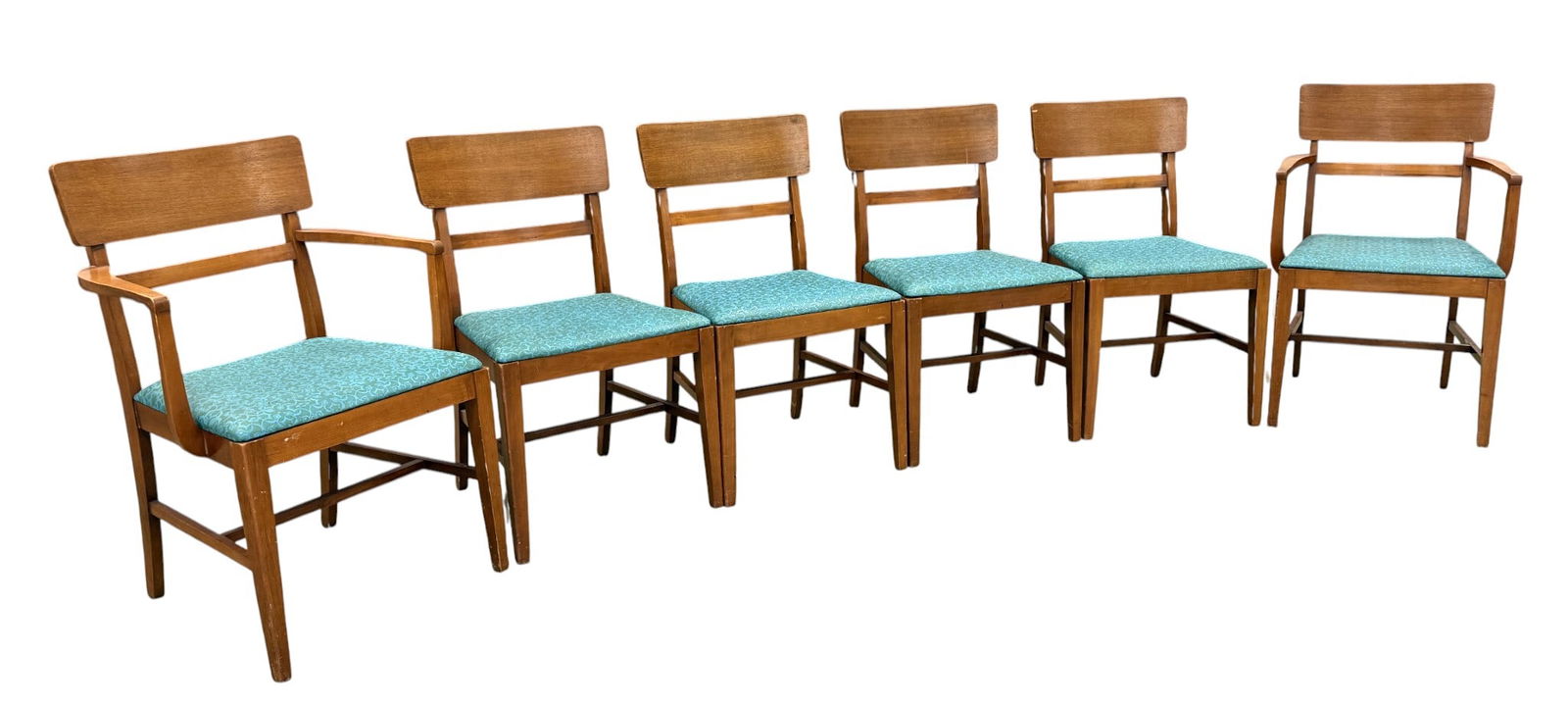 Vintage Heywood Wakefield Style Dining Chairs - 6: A set of 6 mid-century-modern Heywood Wakefield style dining chairs. Includes 2 arm chairs and 4 side chairs all with original embossed vinyl seat upholstery. Dimensions: H:35" W:24" D:23" Seat