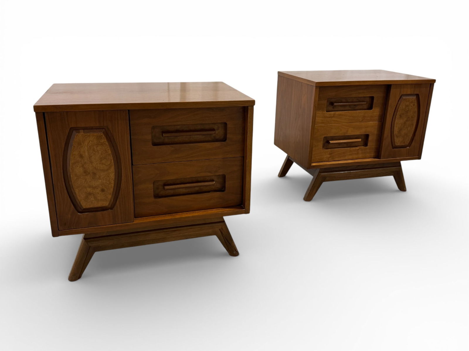 Young Manufacturing End Stands & Queen Headboard: A pair of vintage mid-century modern nightstands by Young Manufacturing and a queen size headboard crafted in rich walnut with warm grain variation. These nightstands feature clean architectural lines