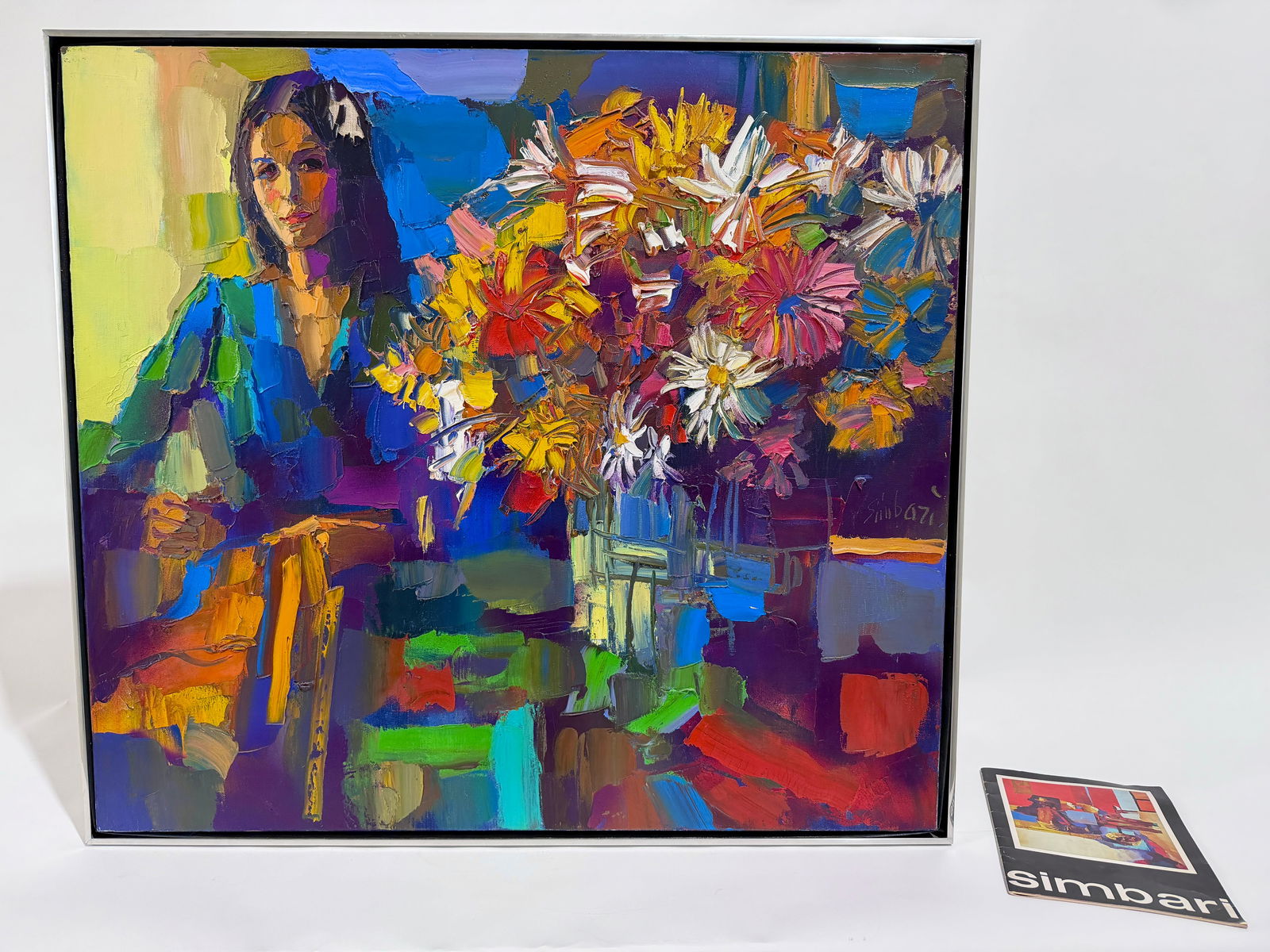 Oil on Canvas Signed by Nicola Simbari: Oil on Canvas of Woman & Flowers Signed by Nicola Simbari (Italian, 1927 - 2012) from 1971. Includes Signed Book with message. Dimensions: H:36.75" W:40.5" D:1.5"