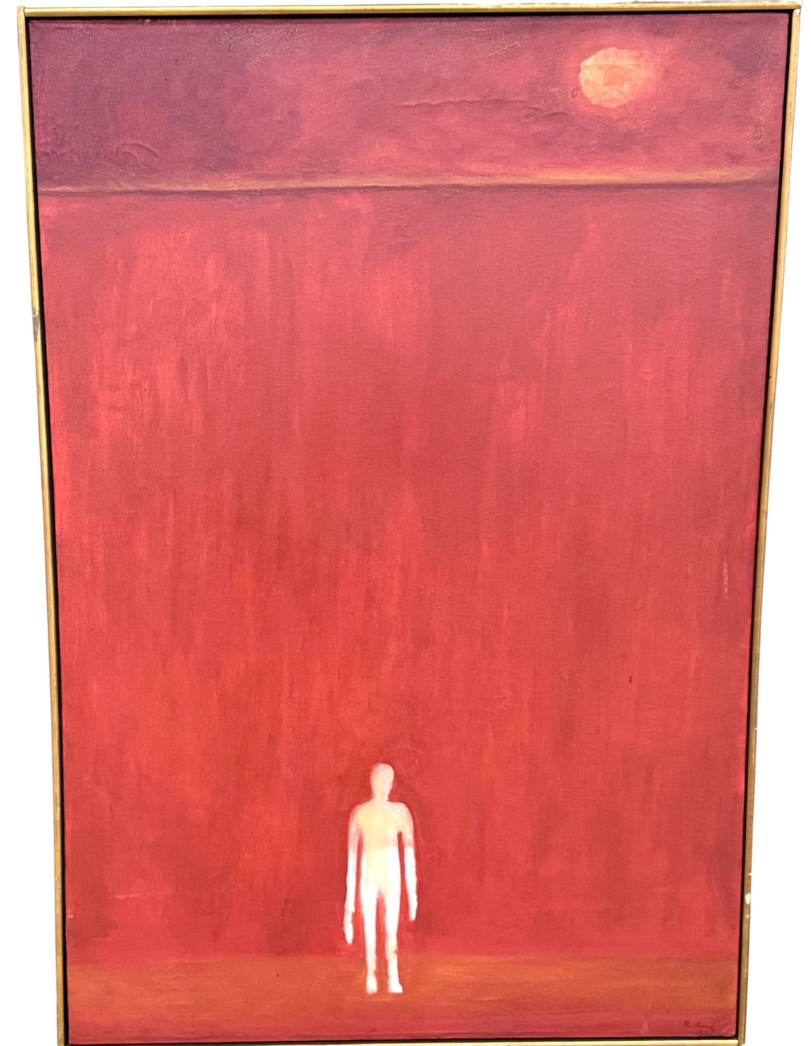 Signed Roland Vintage Oil on Canvas: A signed Roland mid century modern oil on canvas. Features a mostly red background with a white human silhouette Dimensions: H39:" W:27" D:1"