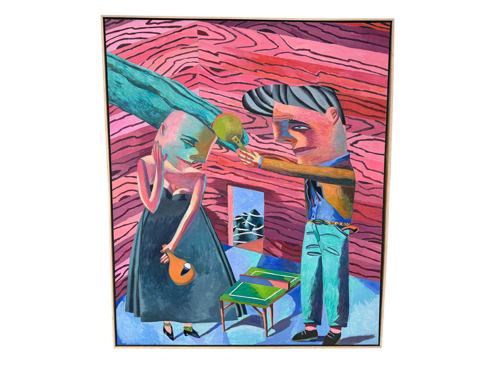 Signed Gary Komarin | "Game Room" | Oil on Canvas: A large signed 1987 Gary Komarin abstract oil on canvas titled "Game Room" Dimensions: H:73.5" W:62" D:2.25"