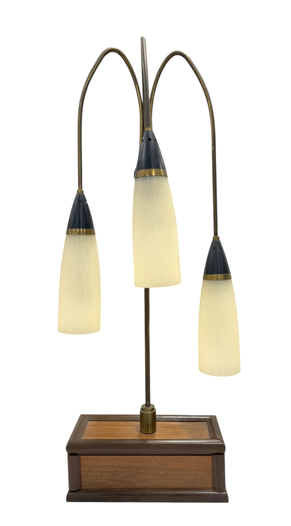 Rupert Nikoll Brass Desk Lamp: A mid century modern Rupert Nikoll Brass Desk Lamp. The atomic design desk lamp features 3 gooseneck arms with frosted glass shades. The weighted base adds extra stability. Dimensions: H:31" W:11" D:5