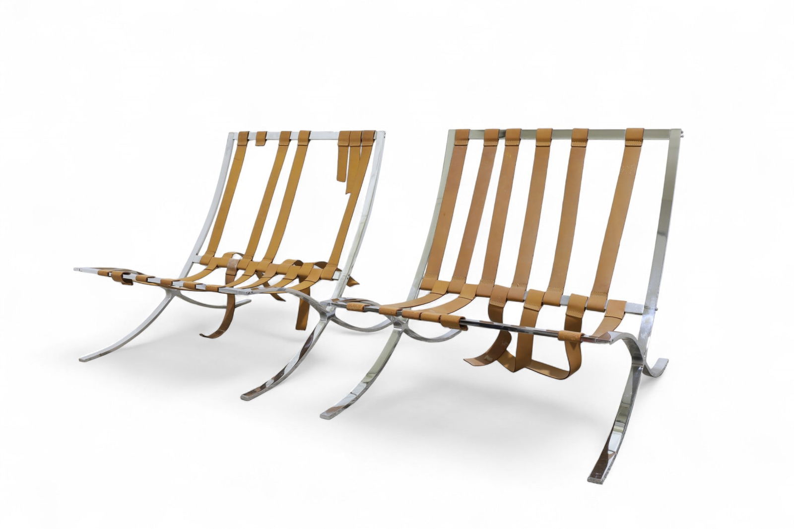 Chrome & Leather Barcelona Chairs - Pair: A pair of Barcelona chairs with leather straps Seat Height:12