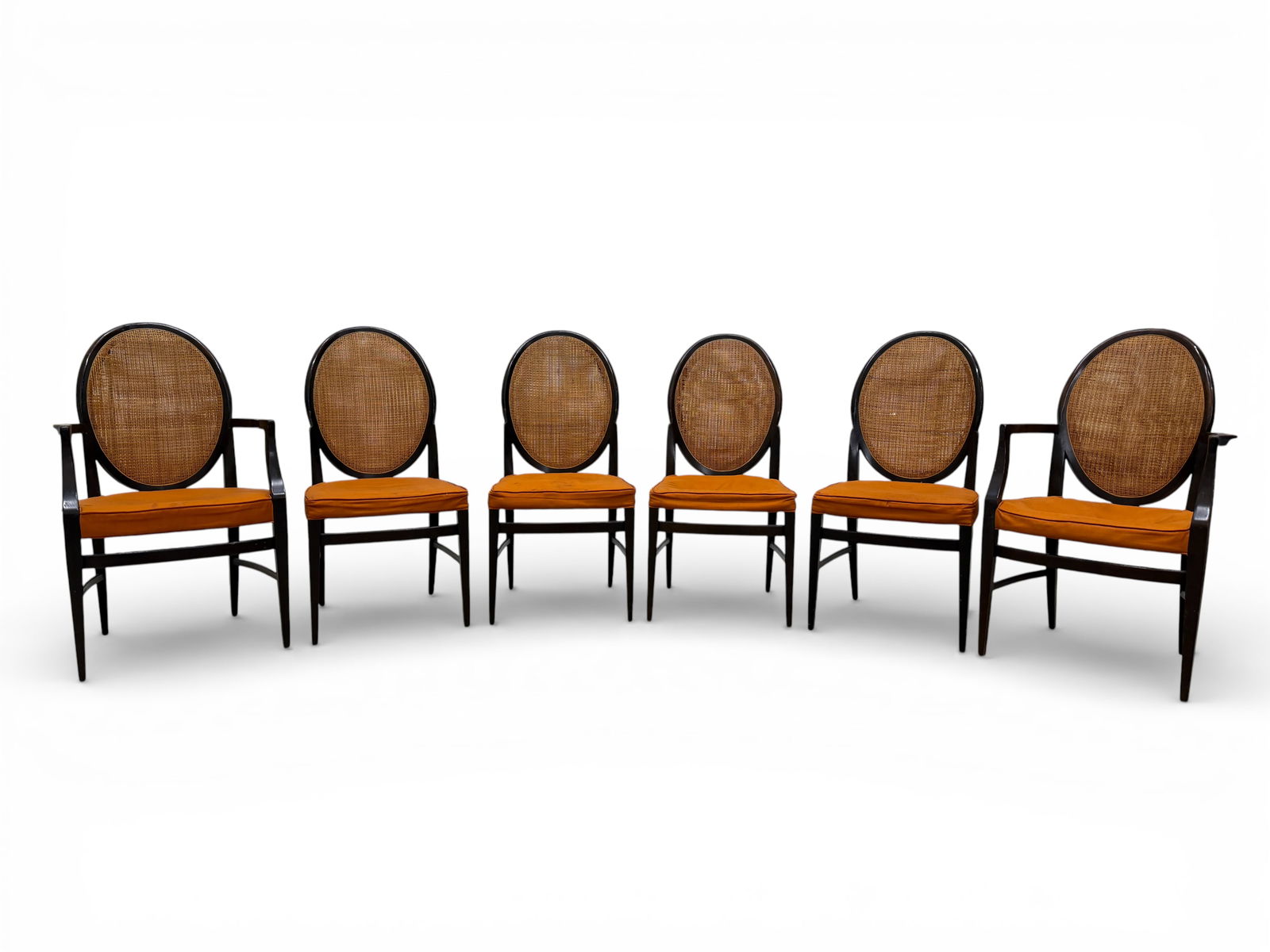 Calvin Furniture Double Cane Dining Chairs - 6: A set of 6 Calvin Furniture dining chairs with double cane backs and walnut frames Dimensions: H:38.5" W:23" D:19" Seat Height:18