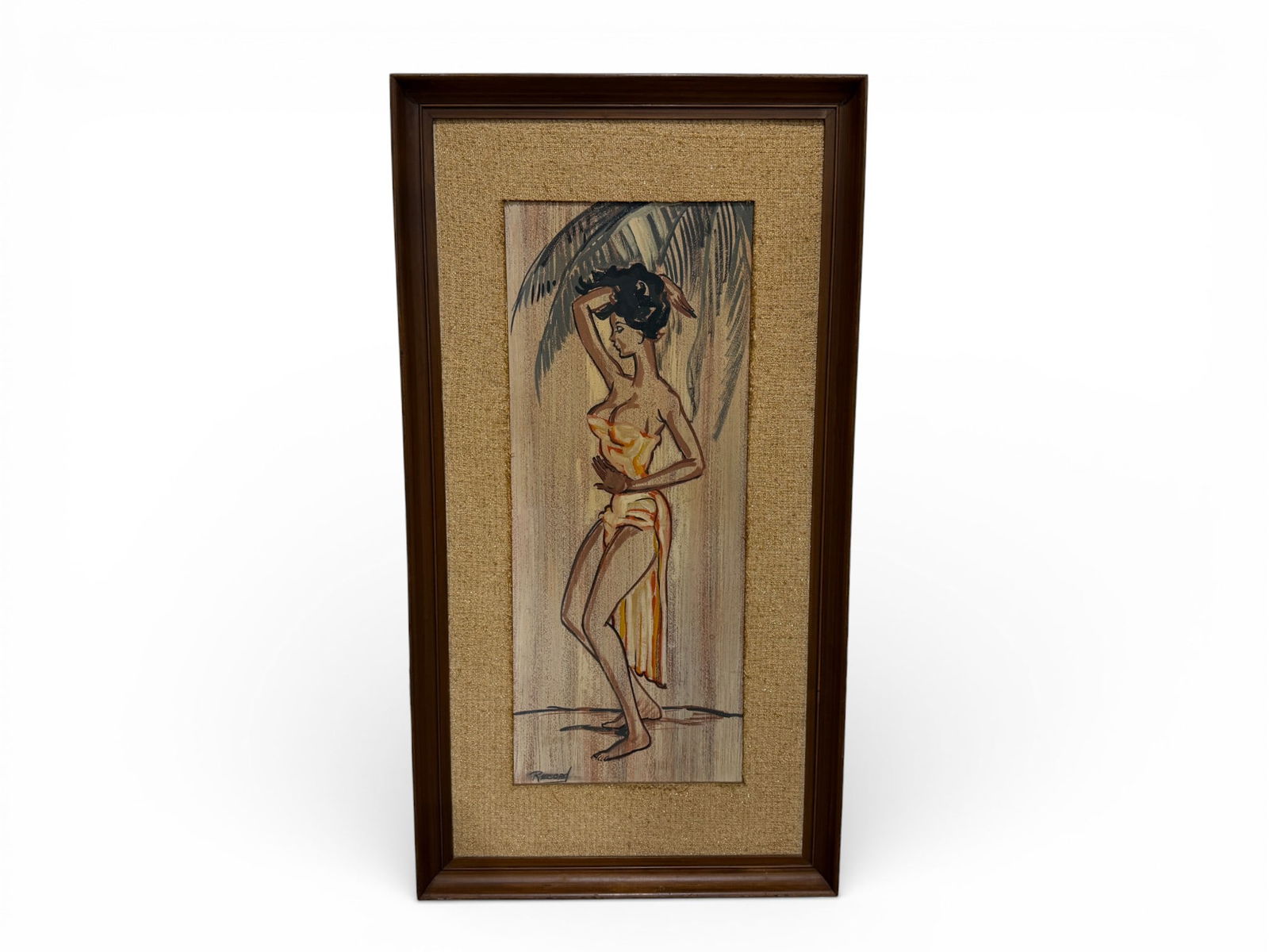 Mid Century Hawaiian Semi Nude Drawing: A mid century modern Hawaiian semi nude drawing of a woman under a palm leaf. Intricate fabric matting set in a walnut frame. Dimensions: H: 39" L:21" D:1.5"