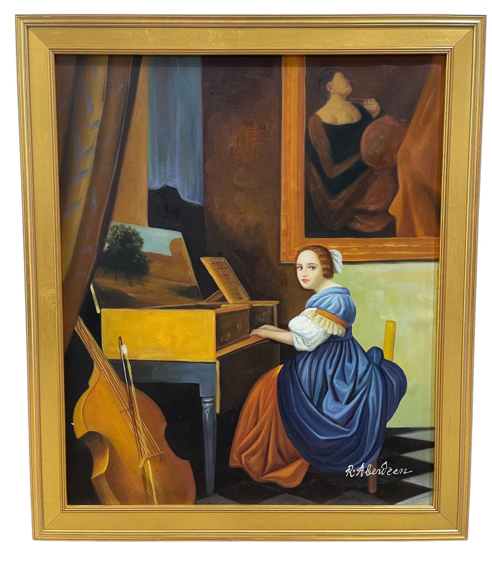 Oil on Board "Lady Seated at a Virginal": An oil on Board "Lady Seated at a Virginal" after Jan Vermeer signed by "R. Aberdeen" in gold frame. Dimensions: H:27.5" W:23.5" D:1"