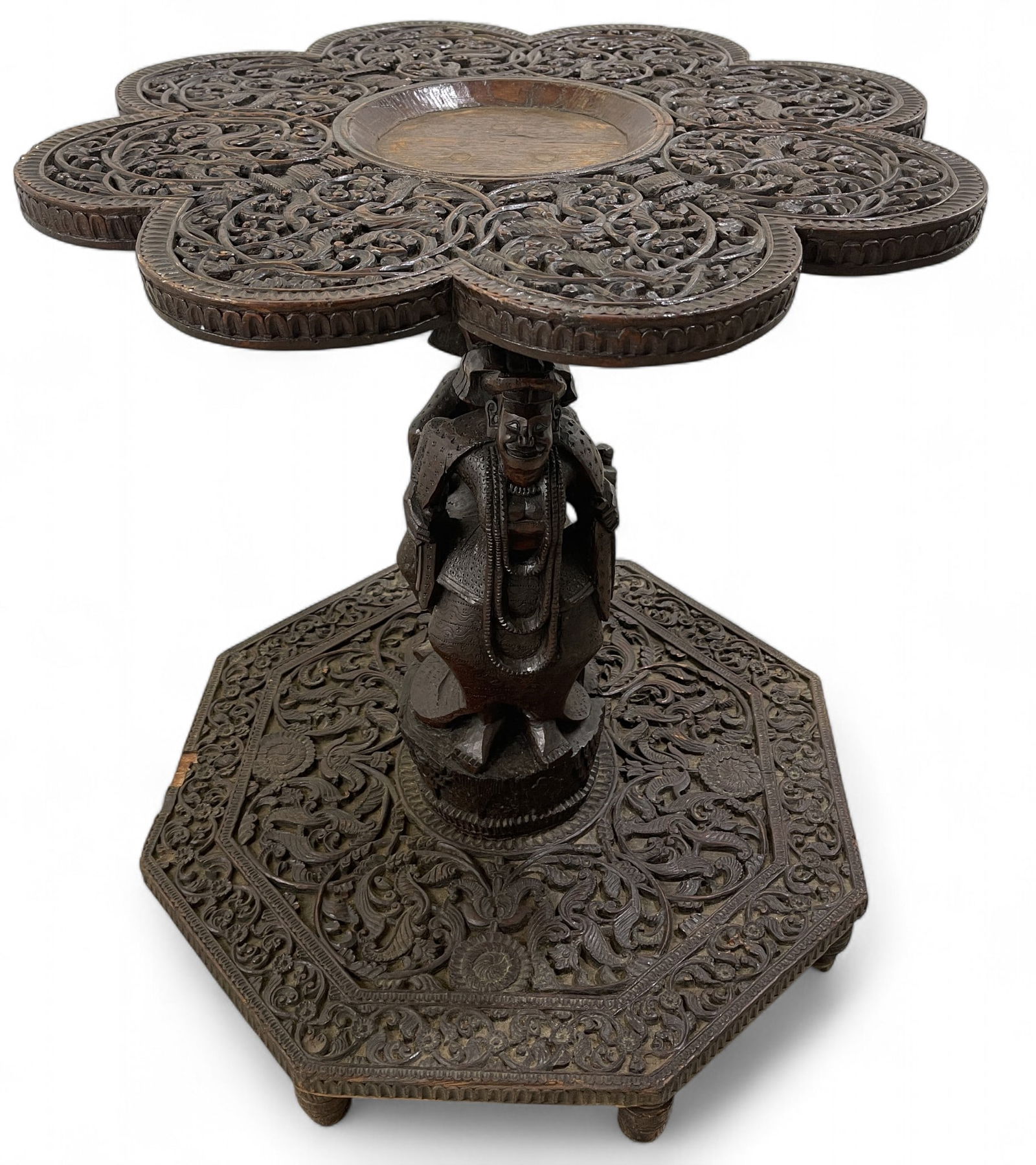 Carved Asian Figural Table: Carved Asian Figural Table 8 Legs - Missing one. H:29" W:26"