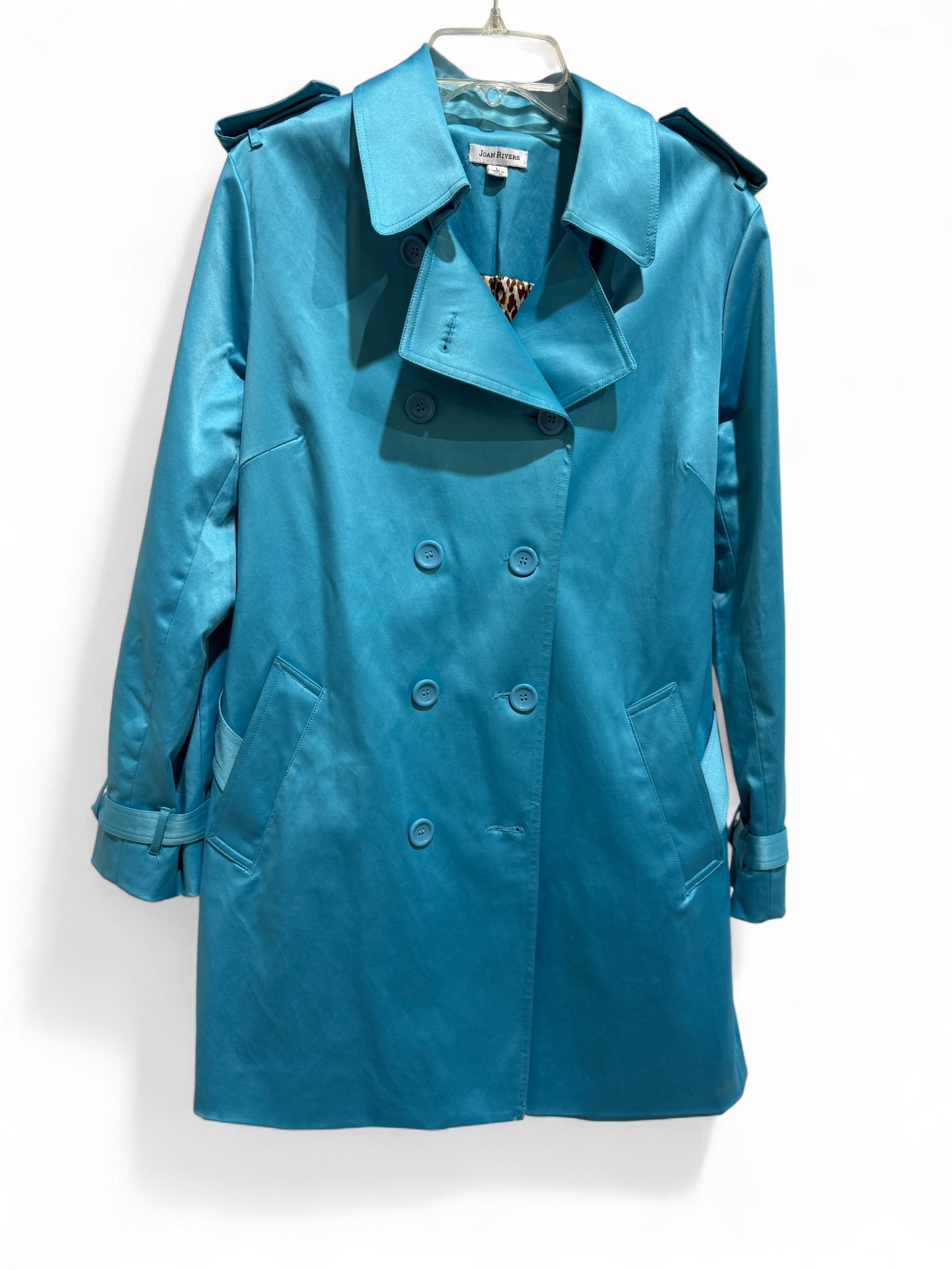 Joan River Teal Trench Coat: A teal belted vintage Joan Rivers trench coat with contrasting animal print lining, size large
