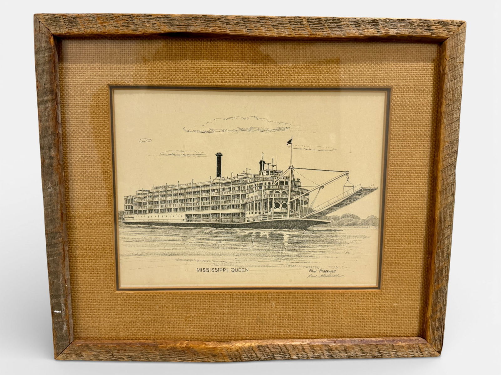 "Mississippi Queen" Lithograph by Paul Blackwell: A signed lithograph by Paul Blackwell titled "Mississippi Queen" in a natural wood frame. H:15" L:18" D: 2"