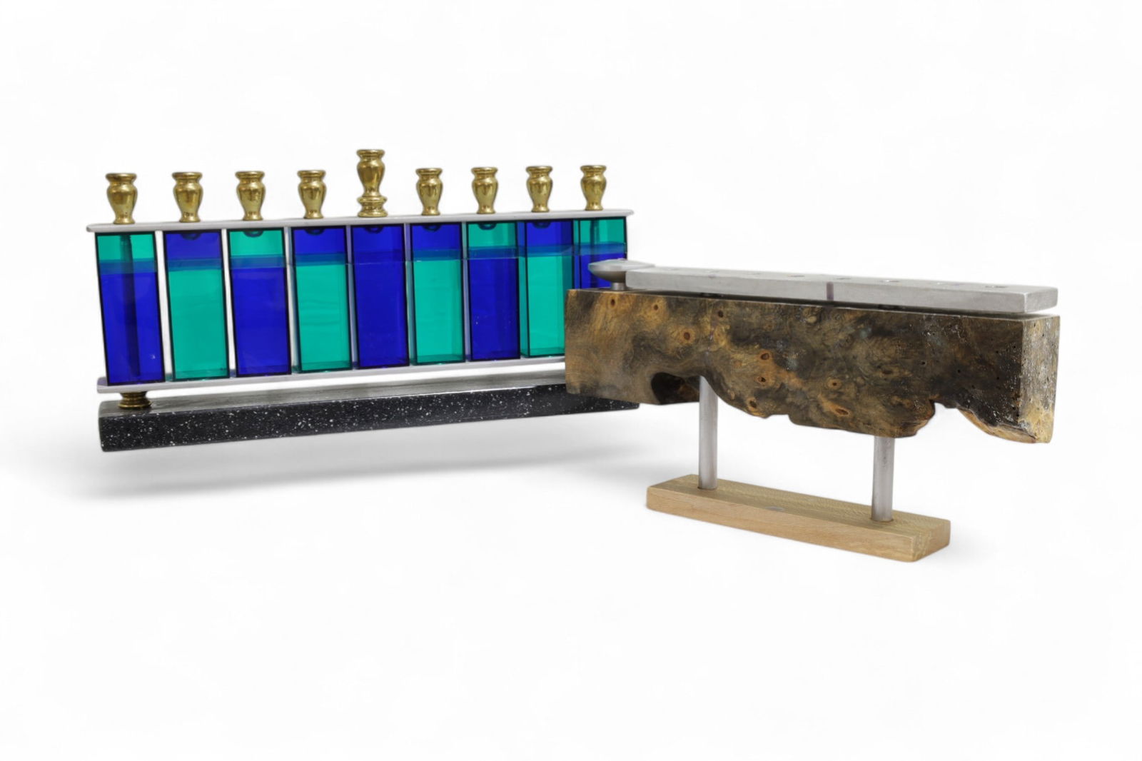Modern Style Menorahs - 2: Two modern style menorahs Colored Menorah H:6.25" W:12" D:2" Wooden Menorah: H :5" W:10" D:2"