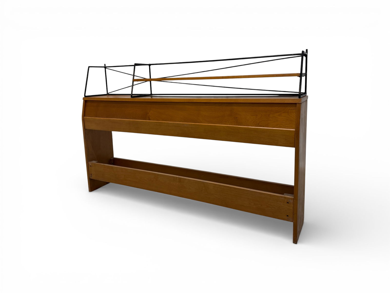 Paul McCobb Iron & Maple Headboard: A Paul McCobb iron & maple headboard with a storage shelf on top Dimensions: H:35" W:55" D:19"