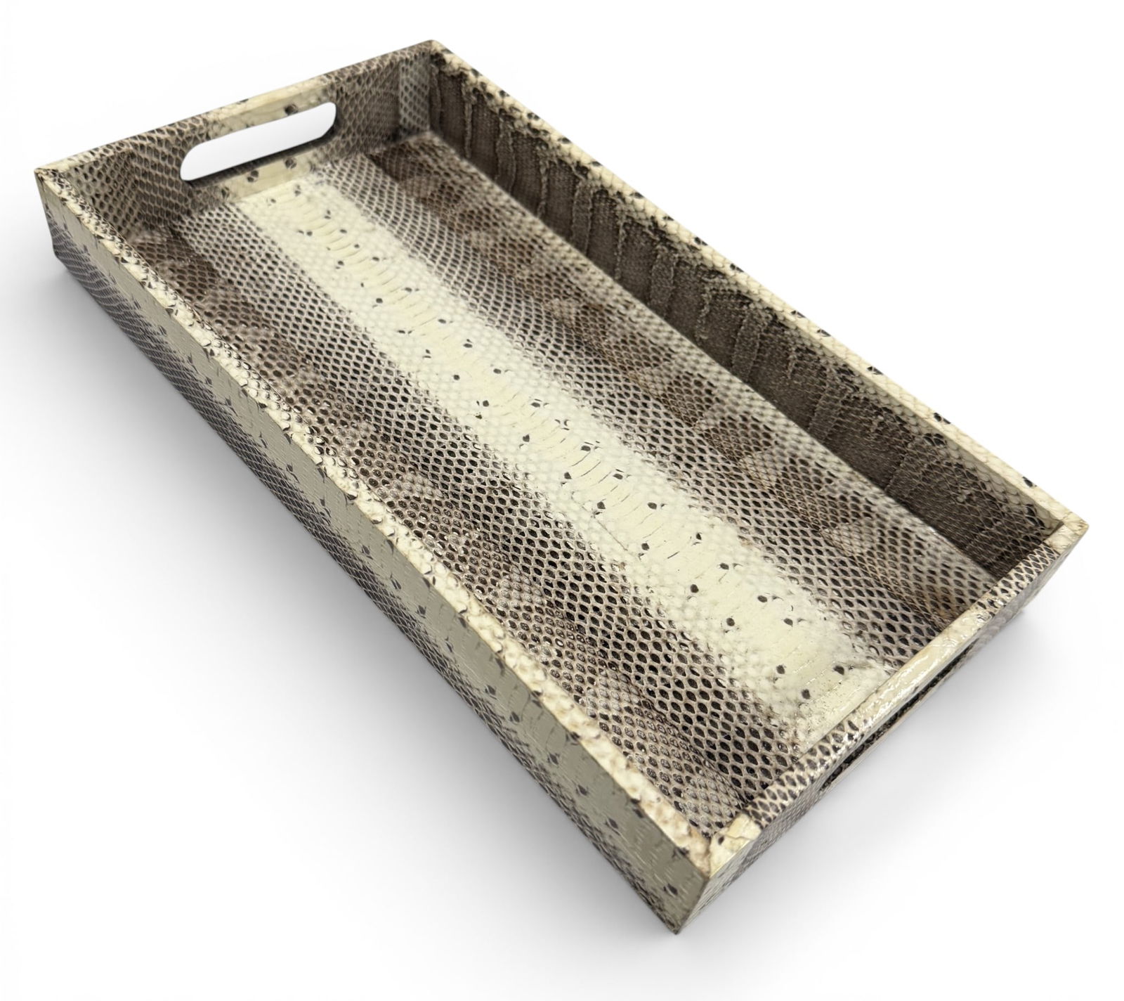 Snakeskin Tray: A display tray covered in water snake skin with a fabric covered bottom Dimensions: H:2" W:14" D:7.5"
