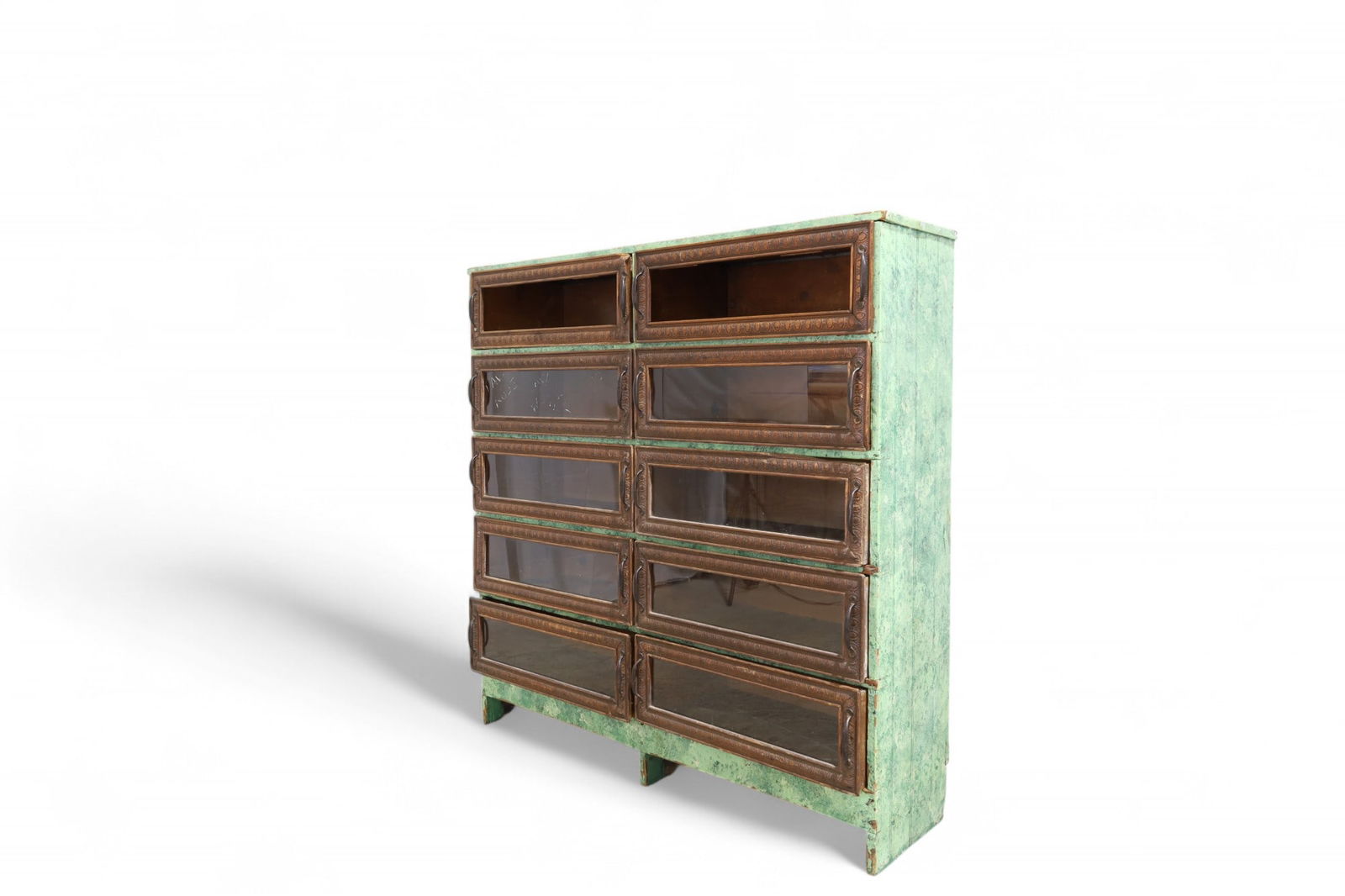 General Store Cabinet: A mixed media sponge painted 10-drawer general store cabinet with metal back Dimensions: H:52" W:51" D:14"