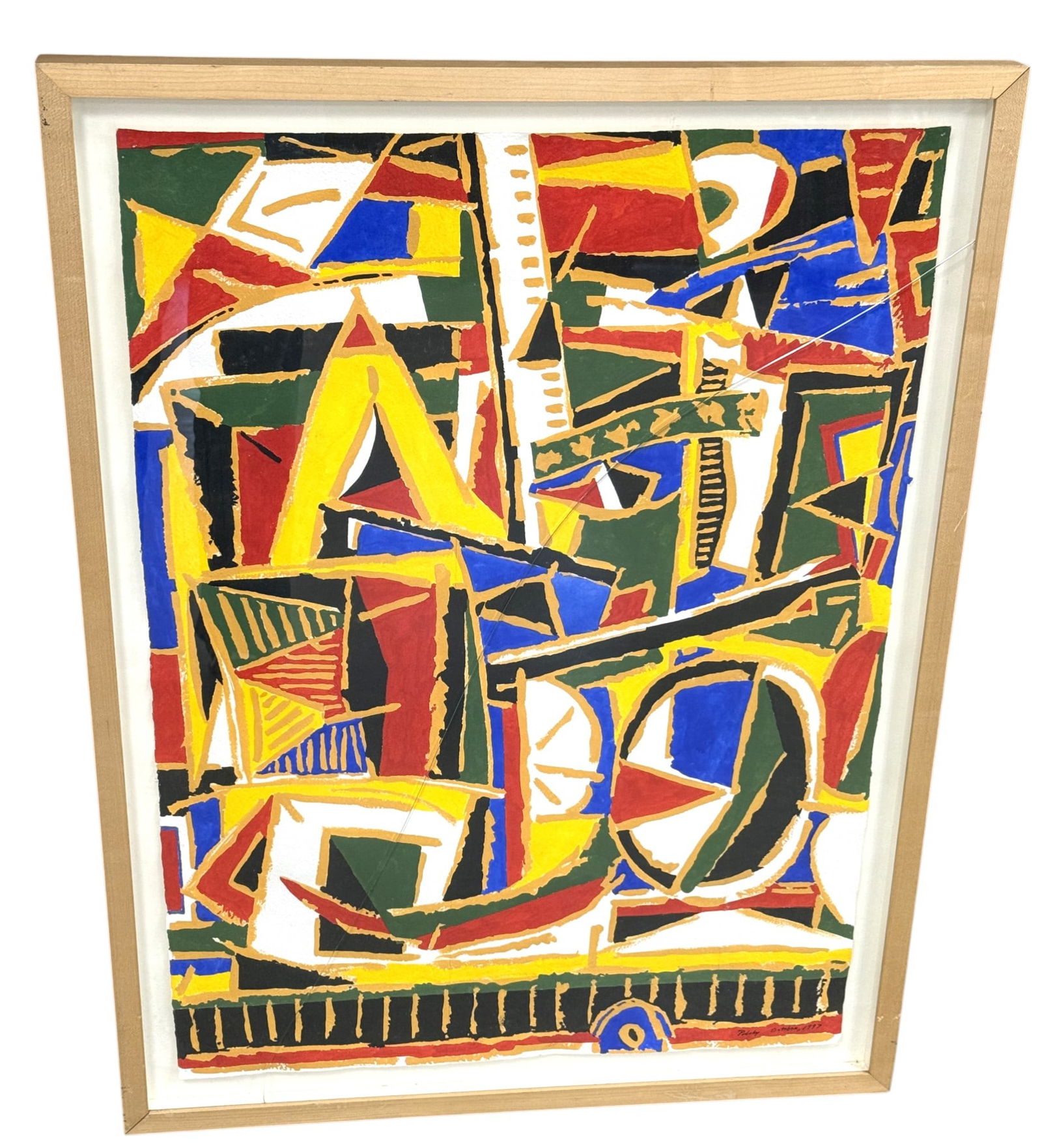 Signed Polaky Oil on Paper: A signed Polaky geometric abstract oil on paper in bold primary colors Dimensions: H:33" W:25" D:1"