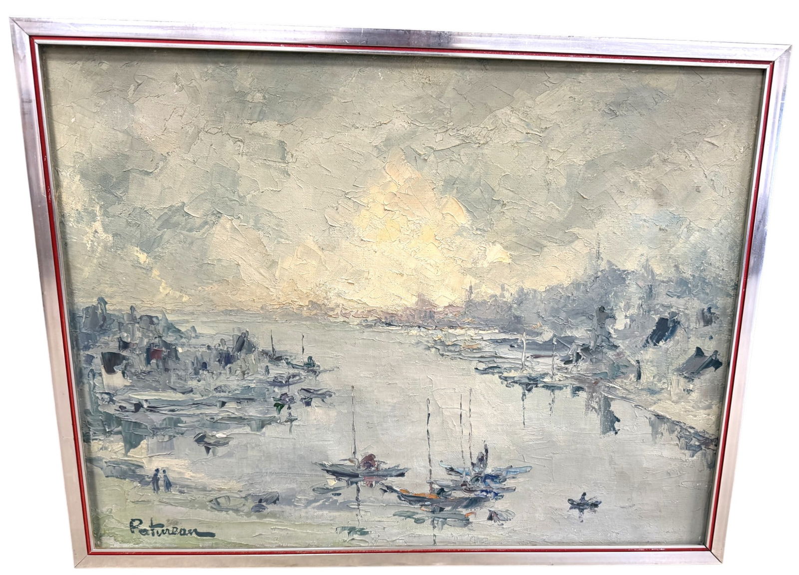 French Signed Paturean Oil on Canvas: Vintage signed in the lower left corner Paturean and also marked on the back. This French palette knife oil on canvas depicts a harbor scene in pastel colors Dimensions: H:20" W:25" D:1"
