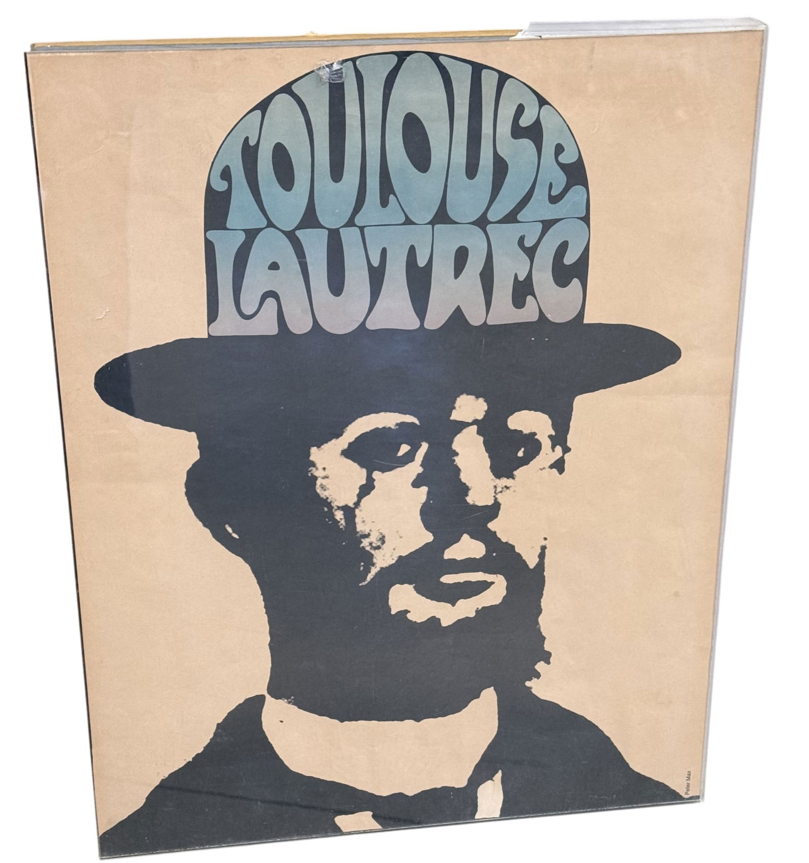 Peter Max 'Toulouse Lautrec' Pop Art Poster: A vintage Peter Max 'Toulouse Lautrec' pop art poster. Black and white silhouette of a man in a bowlers hat with artist name in psychedelic lettering Dimensions: H:28" W:22" D:1"