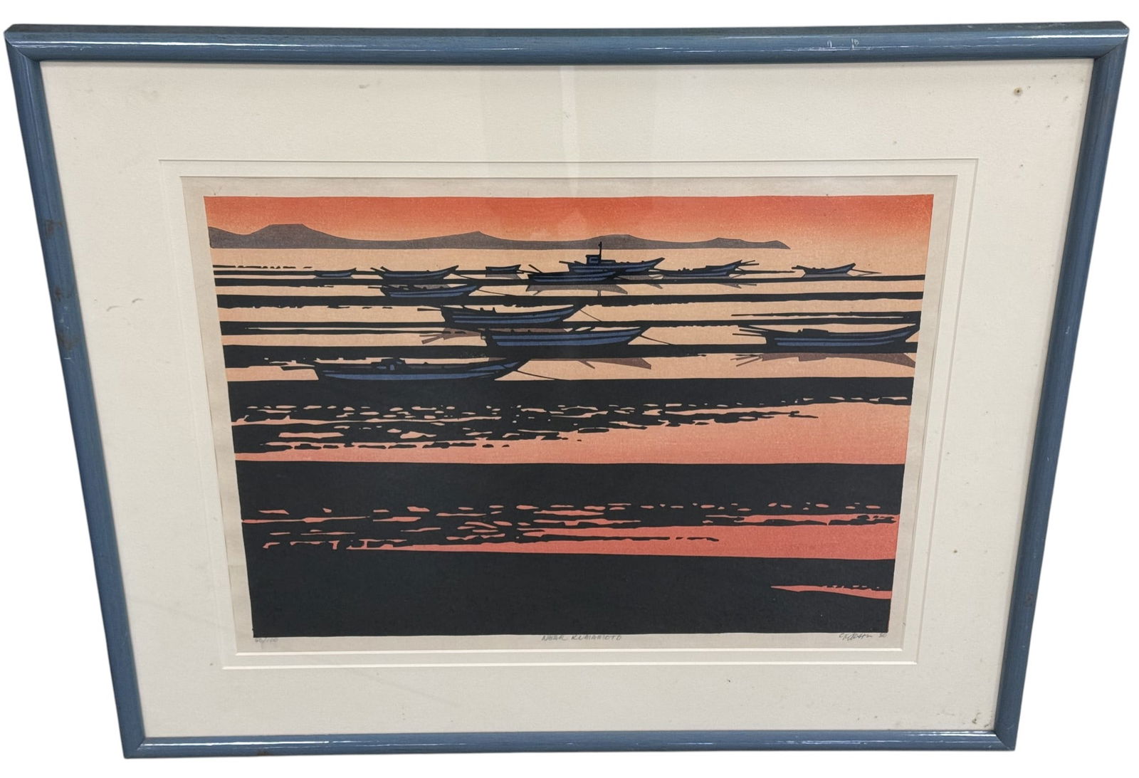 Signed Japanese Woodblock Lithograph: A signed and numbered 80/100 Japanese woodblock lithograph titled "Near Kumamoto". Depicts fishing boats at sea during sunset Dimensions: H:24" W:30" D:1"