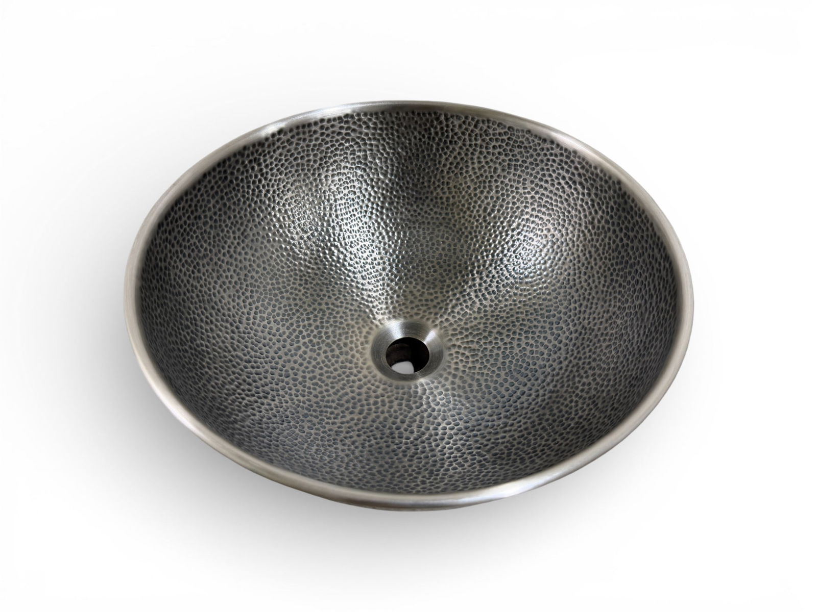 Bates and Bates AURORA Hammered Steel Vessel Sink: A Bates and Bates hammered antique finish steel under mount 15-inch sink. Model: B0015-AURORA Vessel Sink. Hand-made in Mexico. Suggested Drain: 1 1/4" w/o Overflow. Dimensions: Outside: 16" Diam x 7-