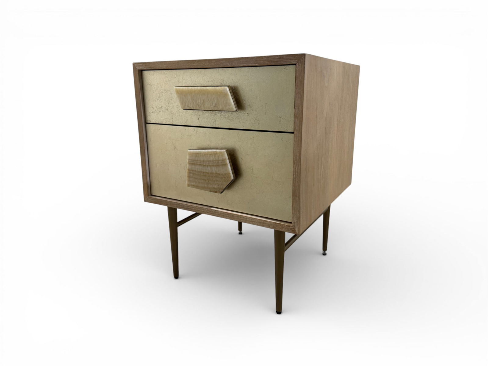 West Elm Roar & Rabbit Jeweled Nightstand: A West Elm Roar & Rabbit Jeweled nightstand. Features 2 drawers with jeweled pulls and brass finish legs with adjustable feet. Dimensions: H: 24 " L: 18" D: 18"