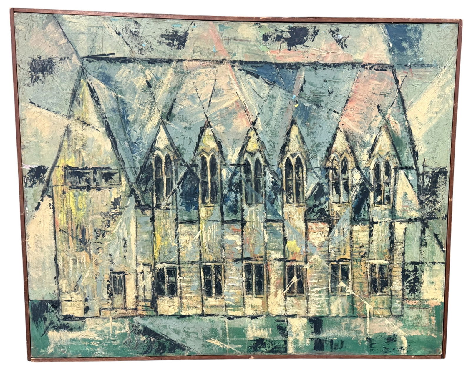 Mid Century Oil on Canvas: A mid century modern abstract painting featuring architectural elements. Dimensions: H:33" W:41" D:1"