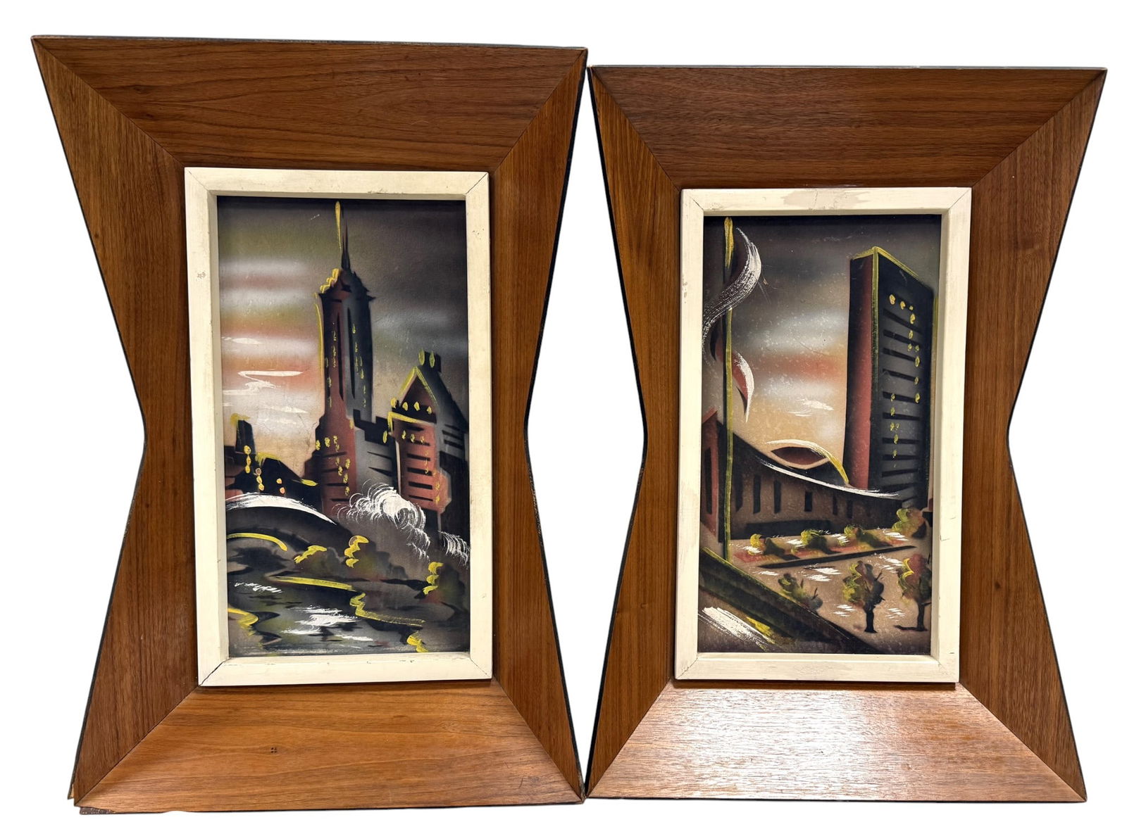 Vintage Black Velvet Paintings - 2: Two vintage Mexican black velvet paintings. The unique wooden bow tie frame shape add to the vintage vibe of these hand painted art works. Cityscapes in a moody color palate of black, pinks,