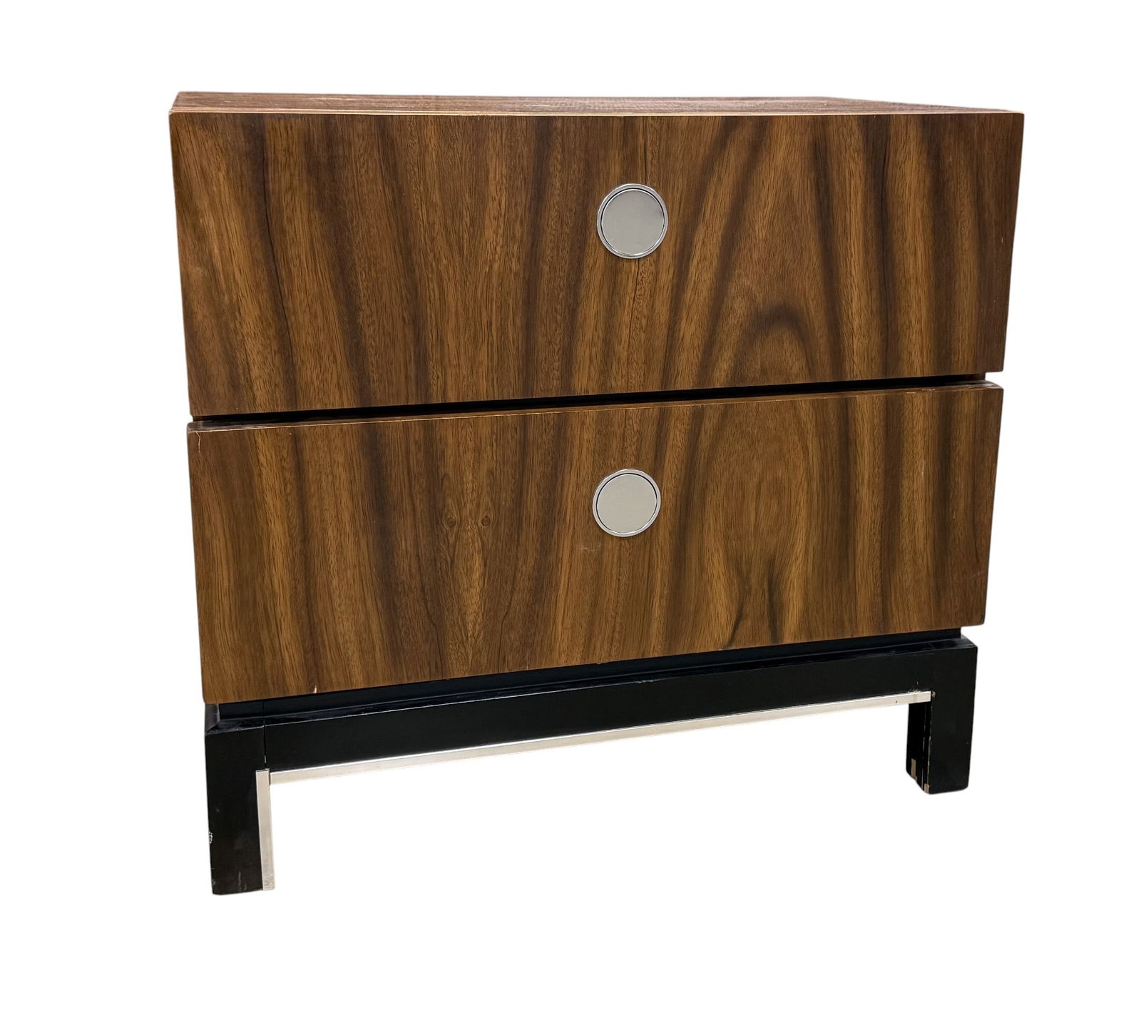 Ebony Walnut & Chrome End Stand: This single mid century modern walnut end stand with round flush chrome pulls sits on a ebony wood base Dimensions: H:24" W:26" D:16