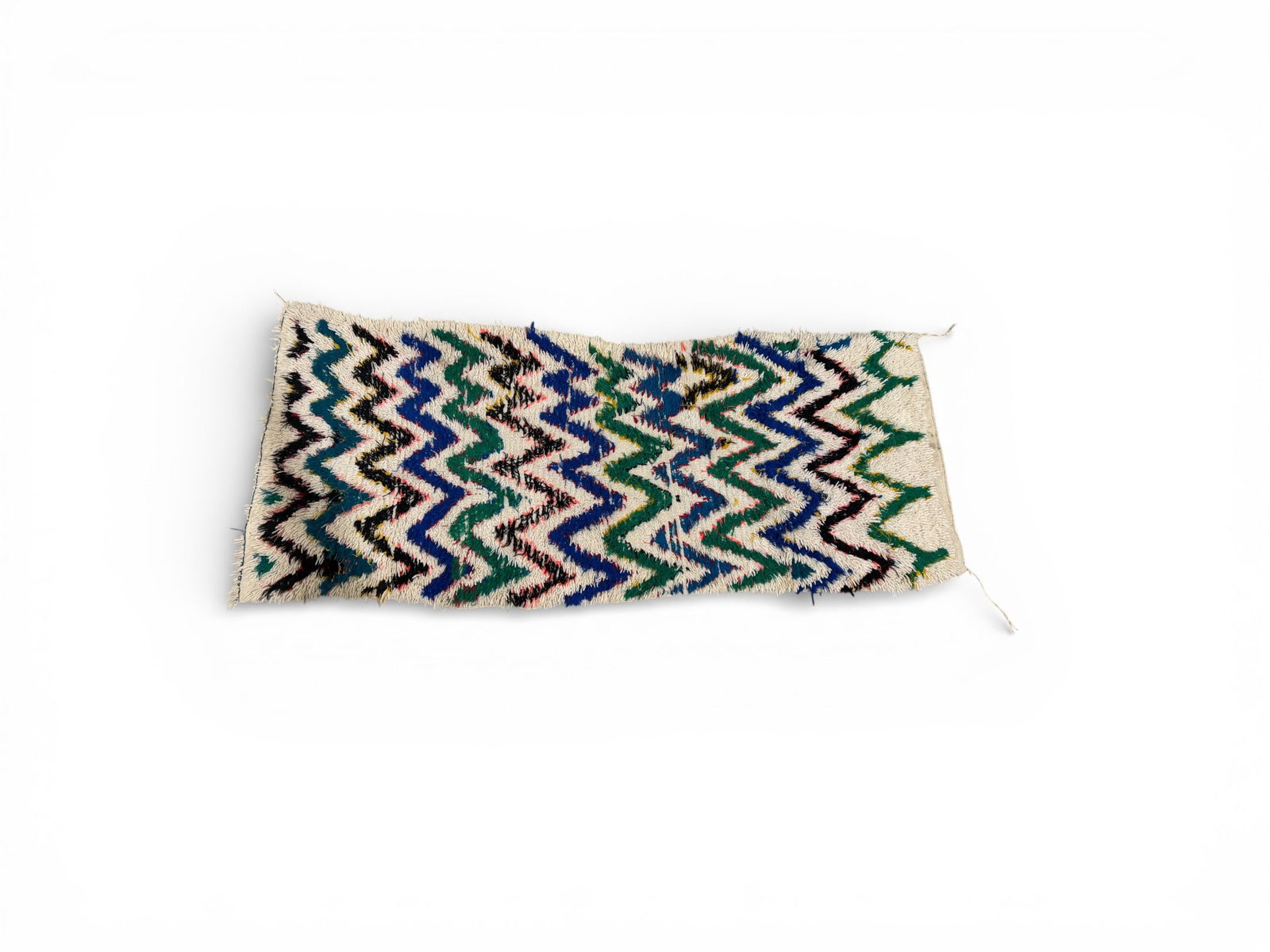 Hand-Knotted Chevron Runner: A hand-knotted contemporary shag rug or wall hanging with a bold color Missoni-style chevron pattern. Dimensions: H:88 " L:32"