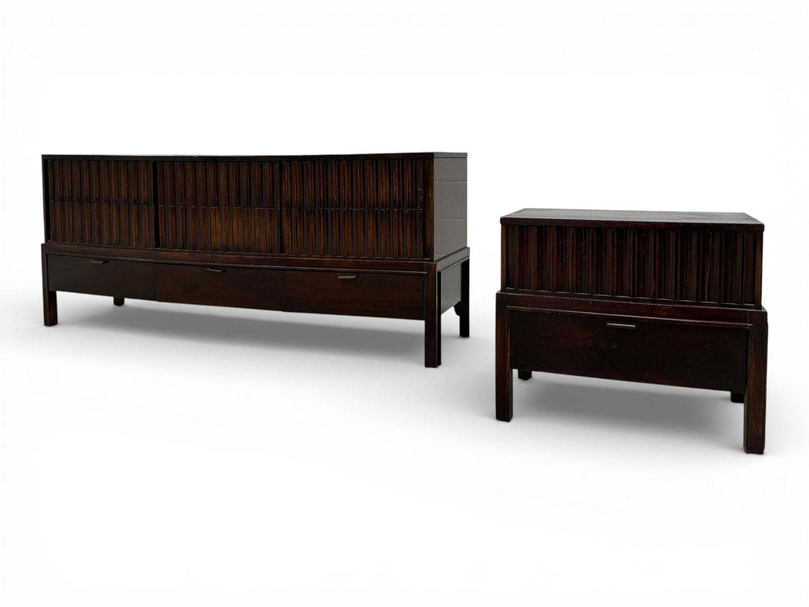 Tommi Parzinge Style 9-Drawer Dresser & Nightstand: A Tommi Parzinger style 9 drawer walnut dresser and a coordinating nightstand Dresser Dimensions: H:30" W:62" D:18'" Night Stand Dimensions: H:22.5" W:26.5" D:16'"