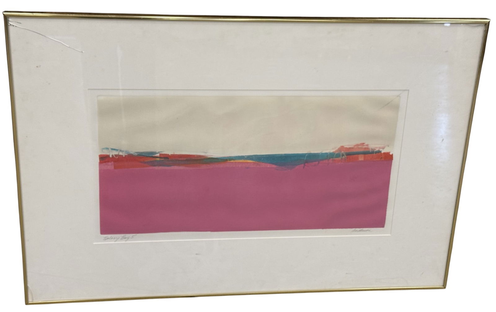 Signed Anderson Abstract Landscape: Signed Anderson in right hand corner and "Bolongo Bay 5" in the left corner. Abstract landscape in pinks, blues & reds Dimensions: H:24.5" W:36" D:1"