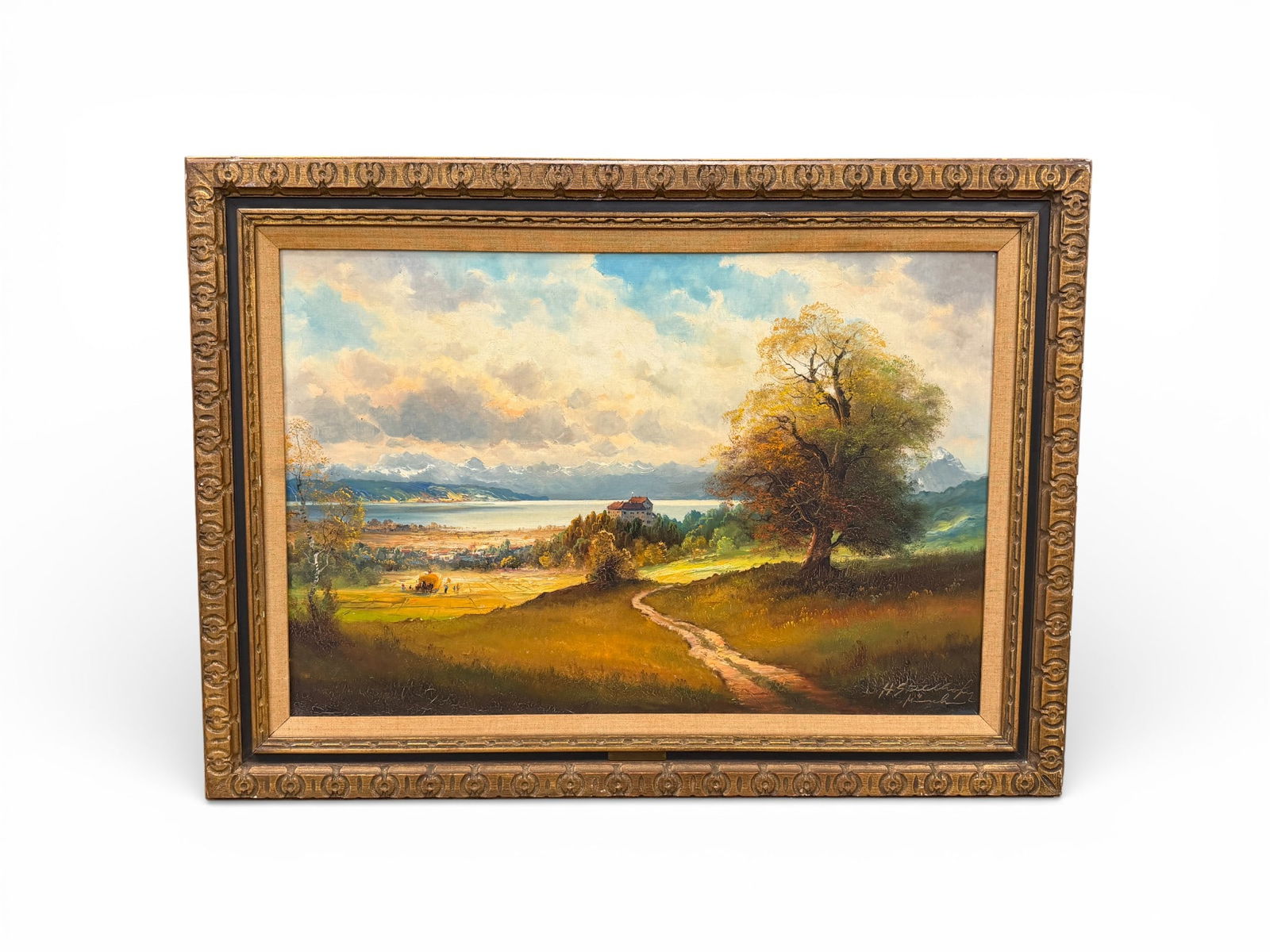 Signed Helmut Stadelhofer - Oil on Canvas: A signed H. Stadelhofer München oil on canvas framed in an ornate gilded wooden frame. This vintage oil landscape painting depicts a sunny autumn day in a German field Dimensions: H: 32 " W:
