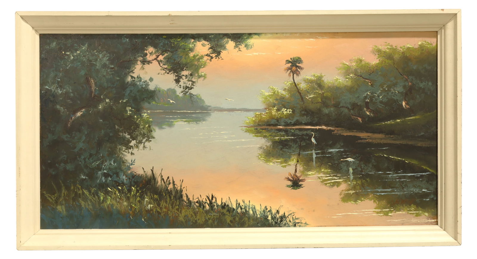 Sam Newton FL Highwayman Oil on Board: A Sam Newton Florida highwayman depicting the FL everglades and herons Dimensions: 28x52x3