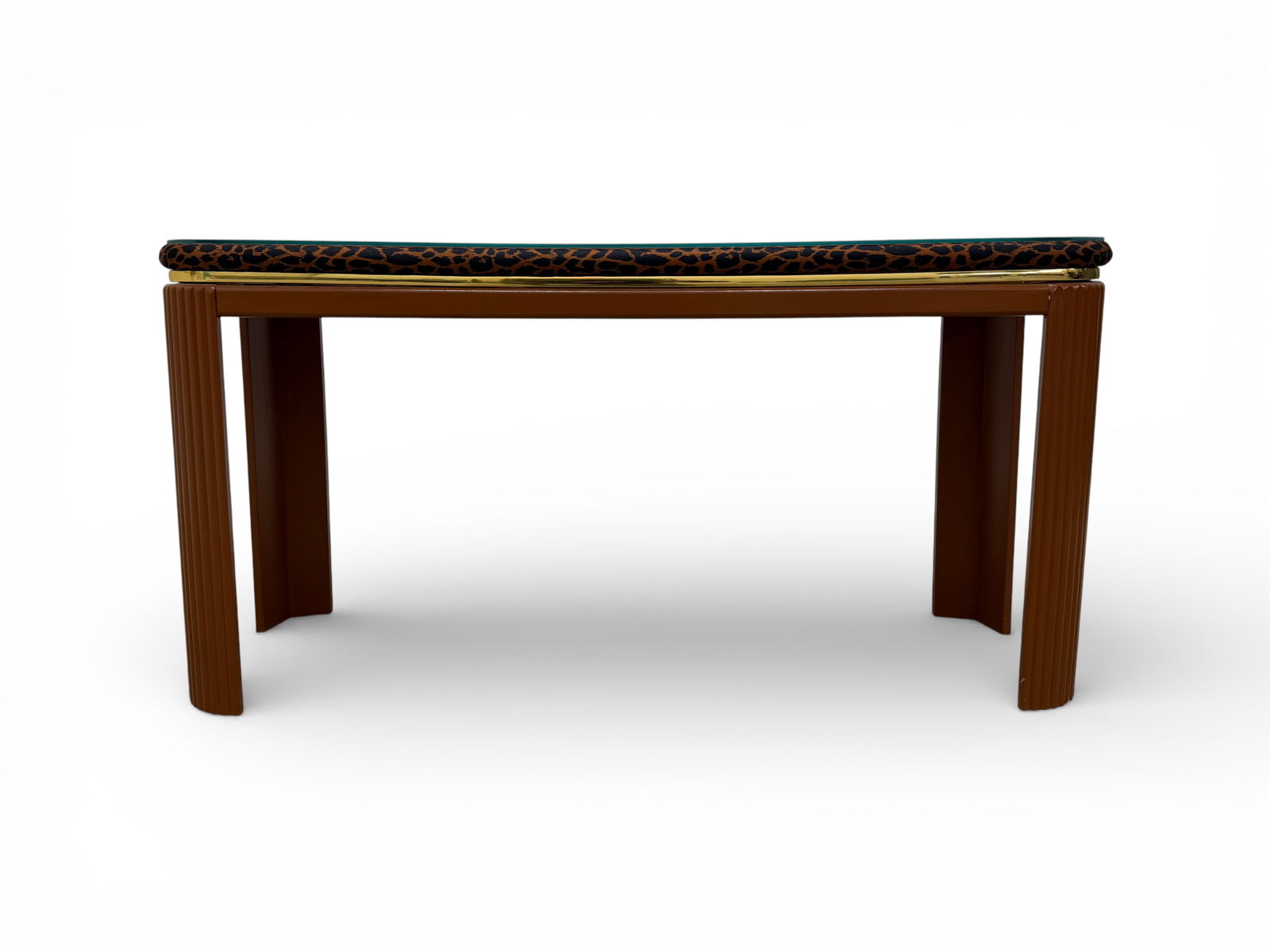 Hollywood Regency Animal Print Console Table: A Hollywood Regency Animal Print Console Table with a glass top. Dimensions: H:27.5" W:53.5" D:17"