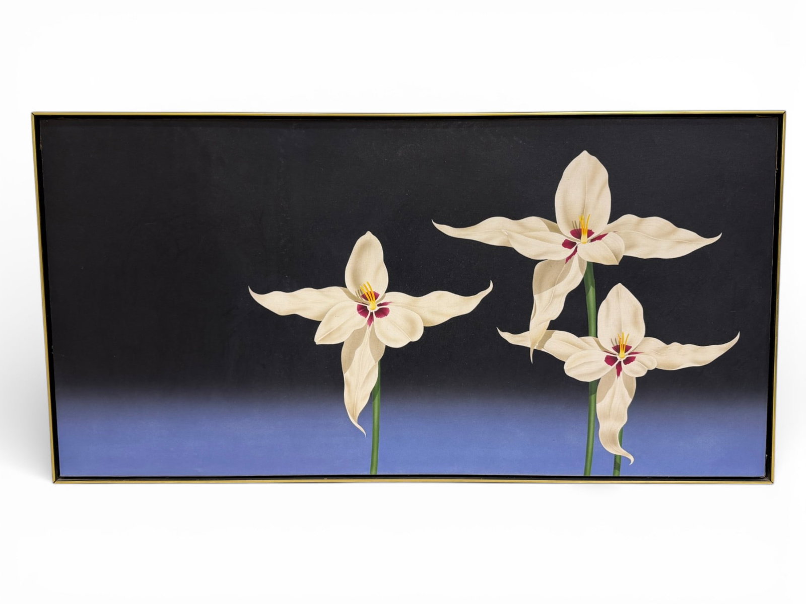 Abstract Simon Kenny Orchid Oil on Canvas: An Abstract Simon Kenny painting of white Caladenia flava Orchids with a brown wood and gold edge frame. Dimensions: H:31.25" W:61.25" D:2.25"