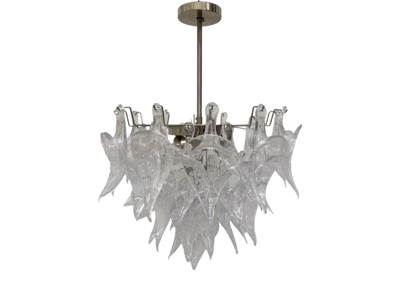 Italian Murano Glass Calla Lily Chandelier: A Mid-Century Italian Murano & Camer Glass Calla Lily 4-Light Chandelier. The fixture has 40 hand blown Lily Murano Glass Petals that are suspended from individual hooks in concentric tiers, their cur