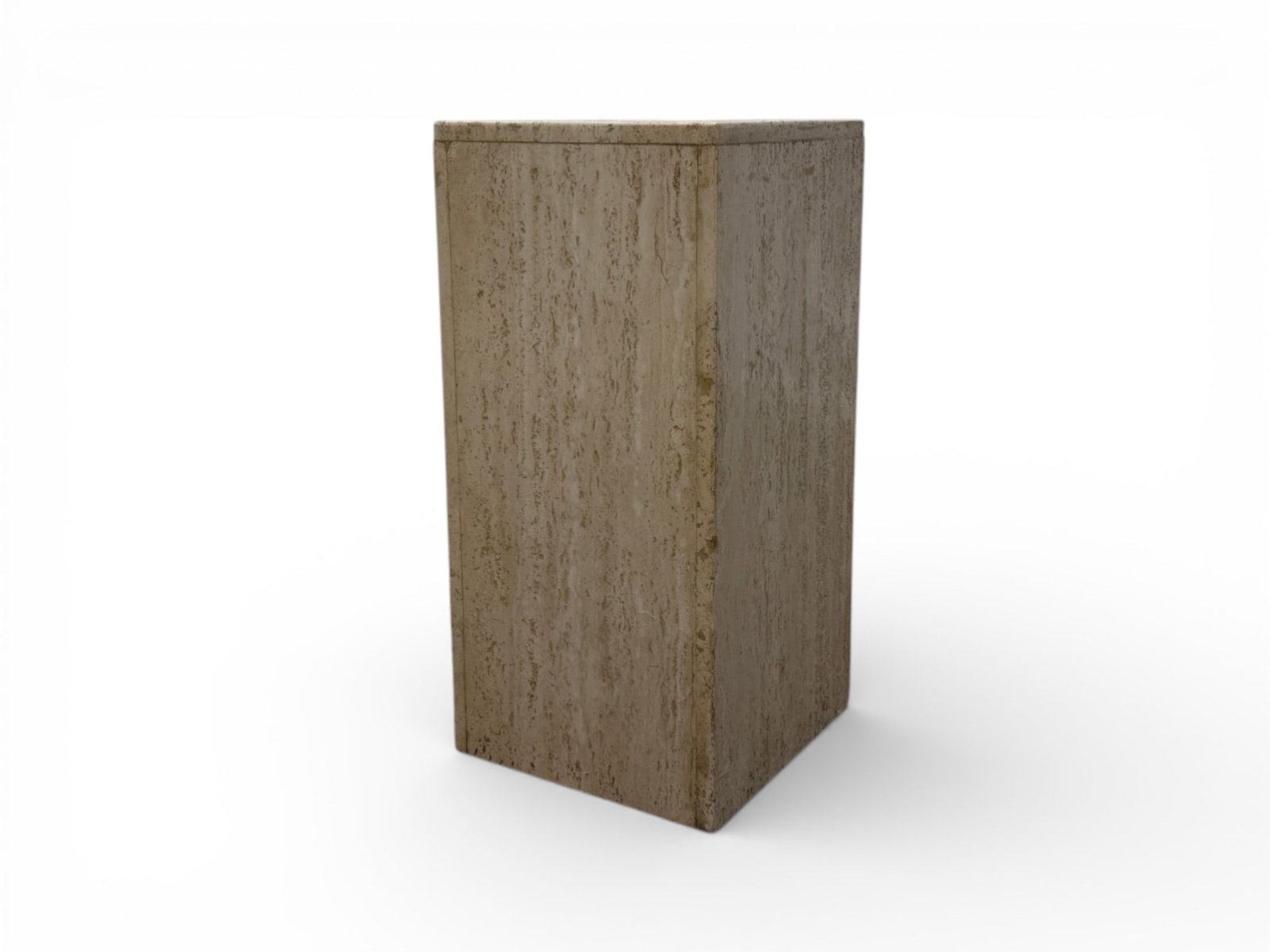 Medium Square Italian Travertine Pedestal / Plinth: A medium square Italian Travertine Pedestal / Plinth crafted of a mixture of honed and polished travertine. Circa the 1960s. The frame is hollow and crafted with individual pieces. Natural variations