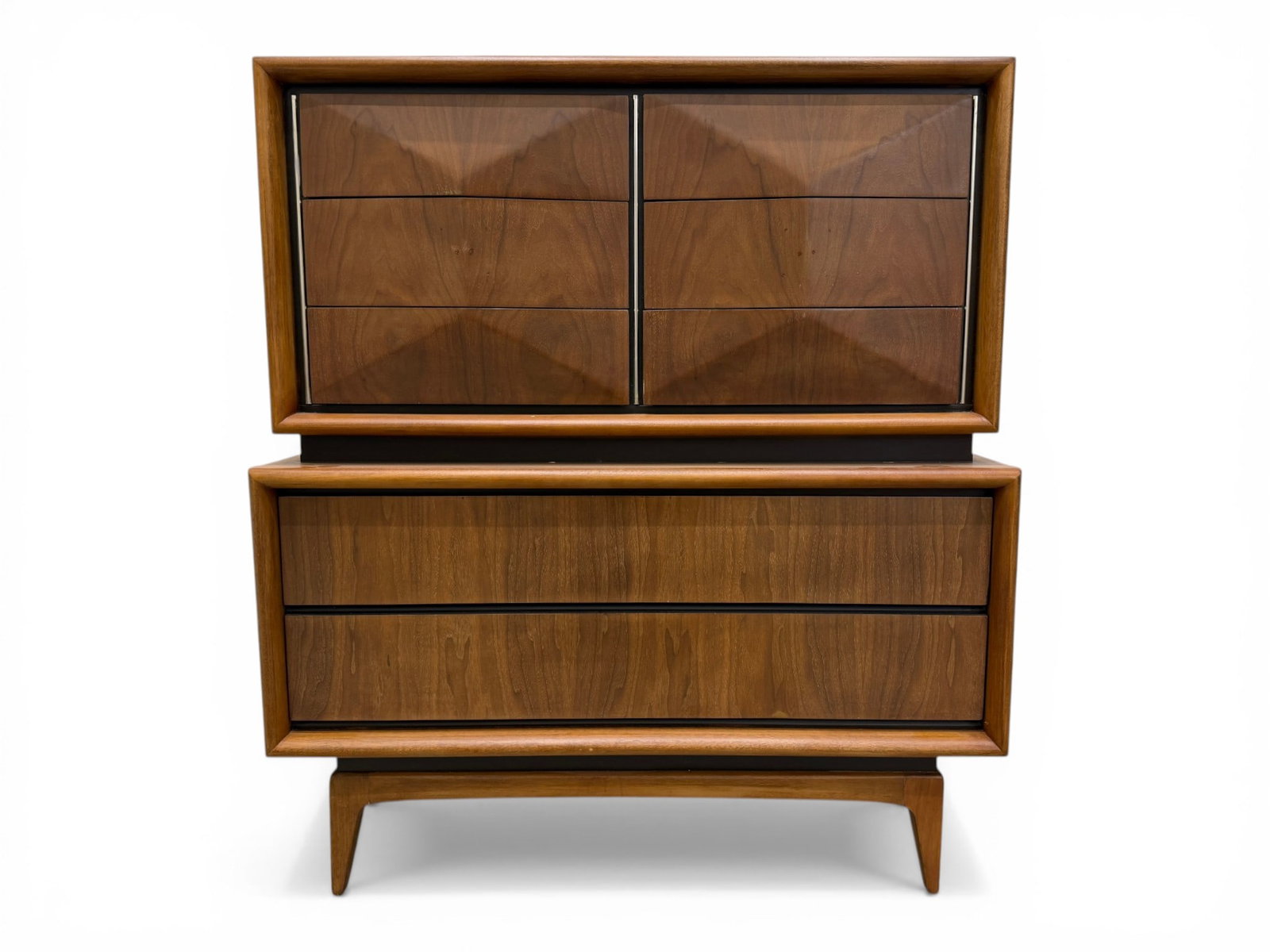 United Furniture Diamond Front High Chest: A Mid-Century Modern United Furniture Diamond Front Highboy. Dimensions: H:49.75" W:44.25" D:20.25"