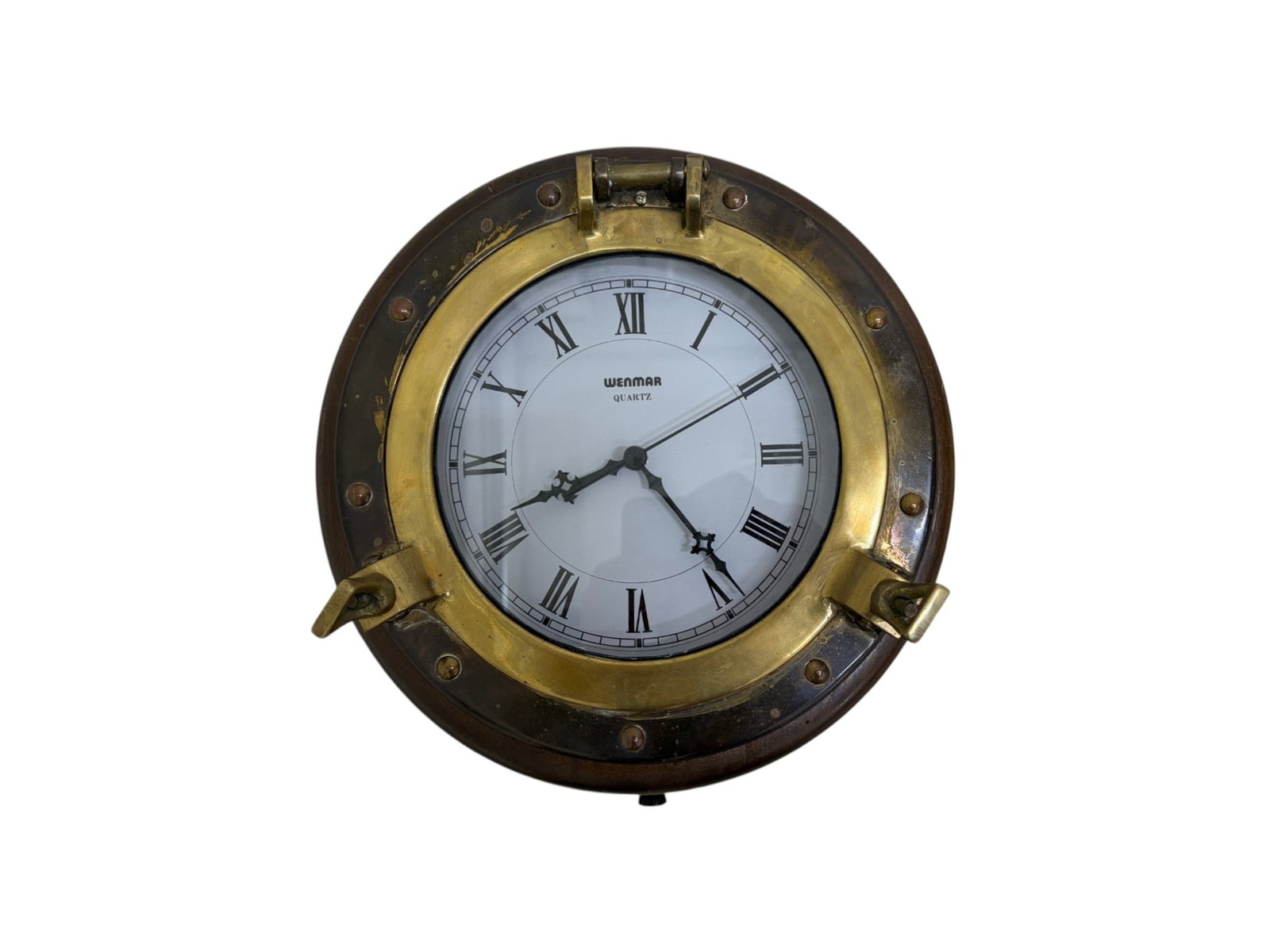 Wenmar Brass & Wood Porthole Clock: A Wenmar brass and wood quartz porthole clock. Dimensions: H:12.5" W:12.5" D: 3".
