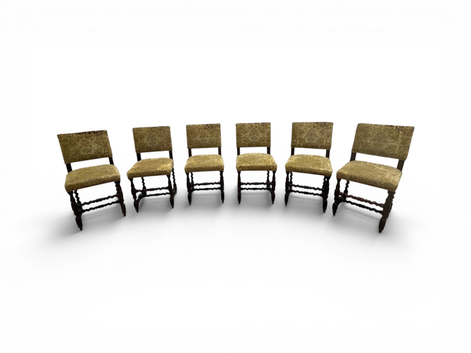 6 Belgian Oak Barley Twist Dining Chairs: Set of 6 Belgian oak barley twist dining chairs. Upholstery with flower and leaf decoration. With metal Made in Belgium labels. Dimensions: H:35" W:17.25" D:17", seat height 19.15".