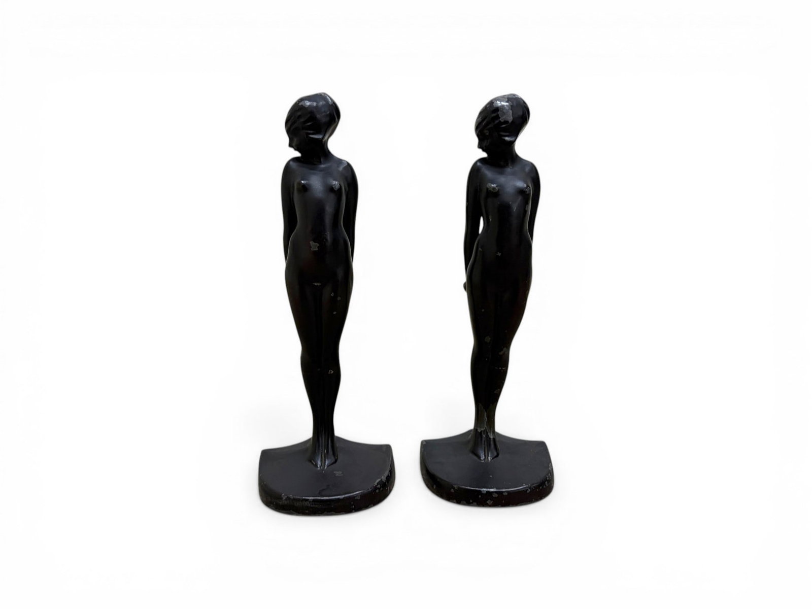 Pair Signed Frankart Standing Nude Bookends: Pair of art signed Frankart figural art deco metal bookends, standing nudes. Each signed on the base. Dimensions: H:9.25" W:3.5" D:2.5"