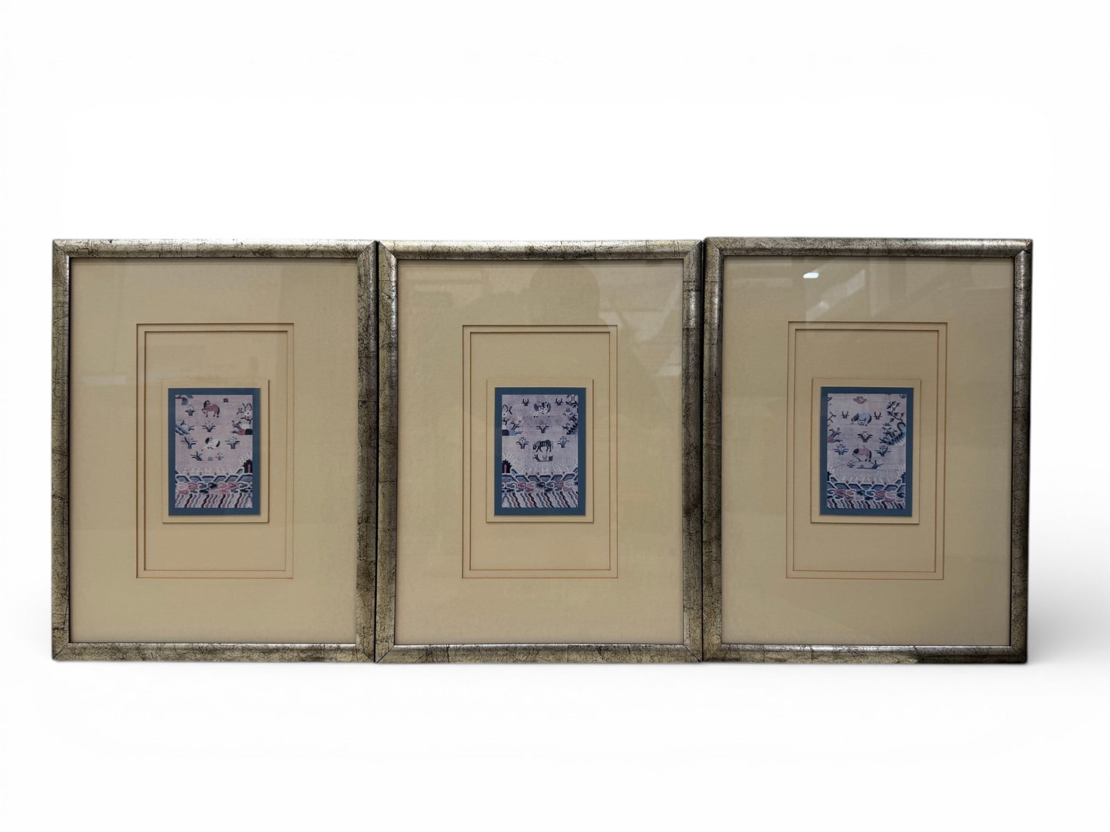 Set of 3 Asian Prints: A Set of 3 Asian Prints with a silver & black crackled finish frame. Dimensions per artwork: H:17.25" W:13.25" D:.6"