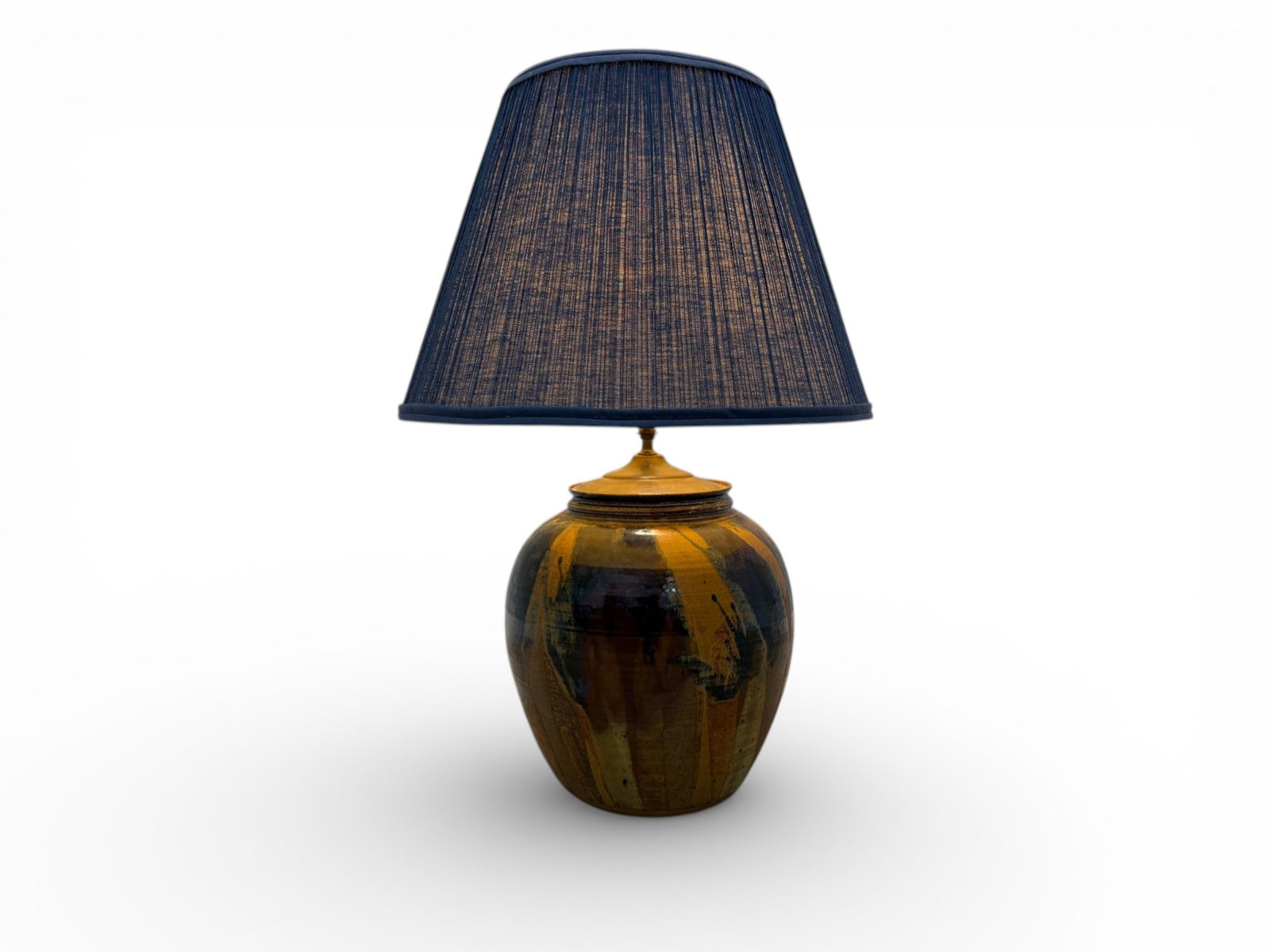 Antique Chinese Glazed Pot Table Lamp: An Antique Chinese Glazed Pot Converted into a Table Lamp with a Brass harp and finial. Glazed pot is marked at the base and has as sticker on the underside that states "Chinese Glaze Formula Chun Blu