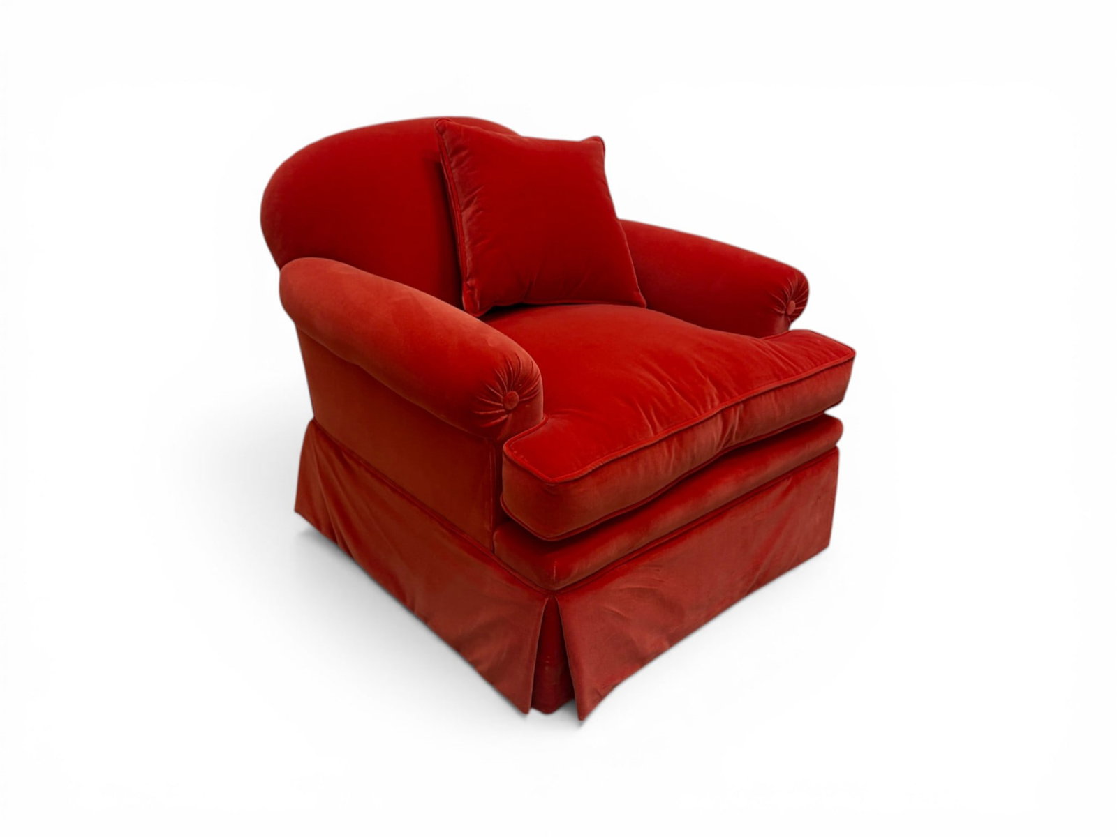Club Chair: Club chair with red-orange velvet upholstery. Dimensions: H:30.5" W:32" D:37" Seat Height: 18.25