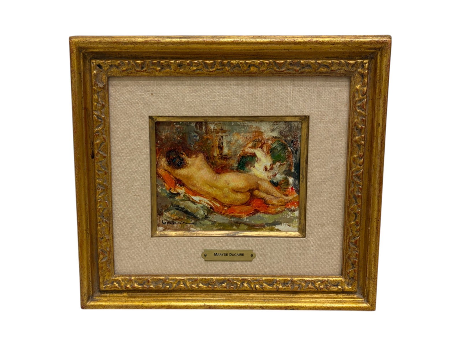 Maryse Ducaire-Roque Oil on Canvas Reclining Nude: Maryse Ducaire-Roque (French, 1911-1992). Oil on canvas, reclining nude. Signed lower left. In gilt frame. Dimensions: H:12.625" W:14.25" D:1.25", sight size5.25" x 6.5"