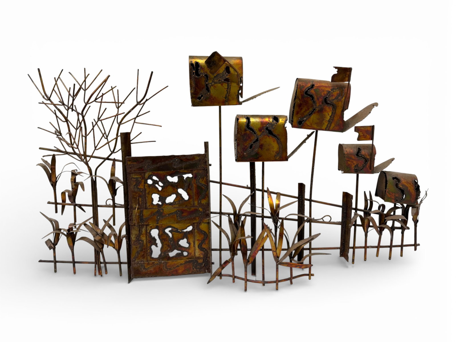 Curtis Jeré Style Brutalist Wall Sculpture: A mid century modern Curtis Jeré style torch cut brutalist style hanging wall sculpture Dimensions: H:19" W:32"