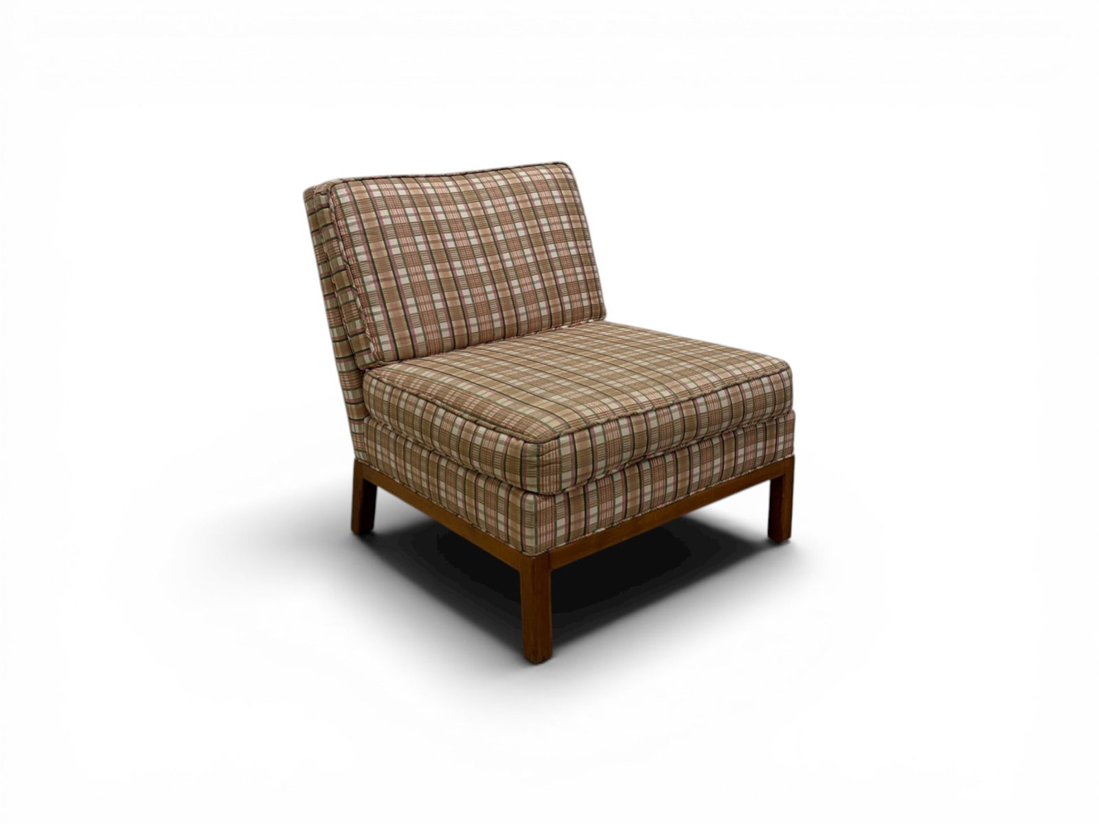 Mid-Century Modern Slipper Chair: Mid-century modern slipper chair, with plaid upholstery. Dimensions: H:29" W:27" D:32.5", seat height 16.5"