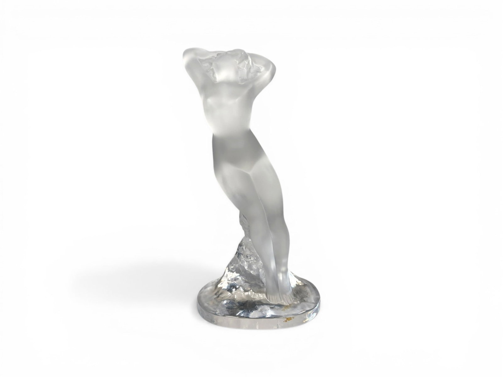 Lalique France Figure Dansuese Bras Leves: Signed Lalique France crystal figure of a dancer, Dansuese Bras Leves. Clear and frosted glass. Signed Lalique France on the underside. Dimensions: H: 9.25" W: 4.5" D: 3"