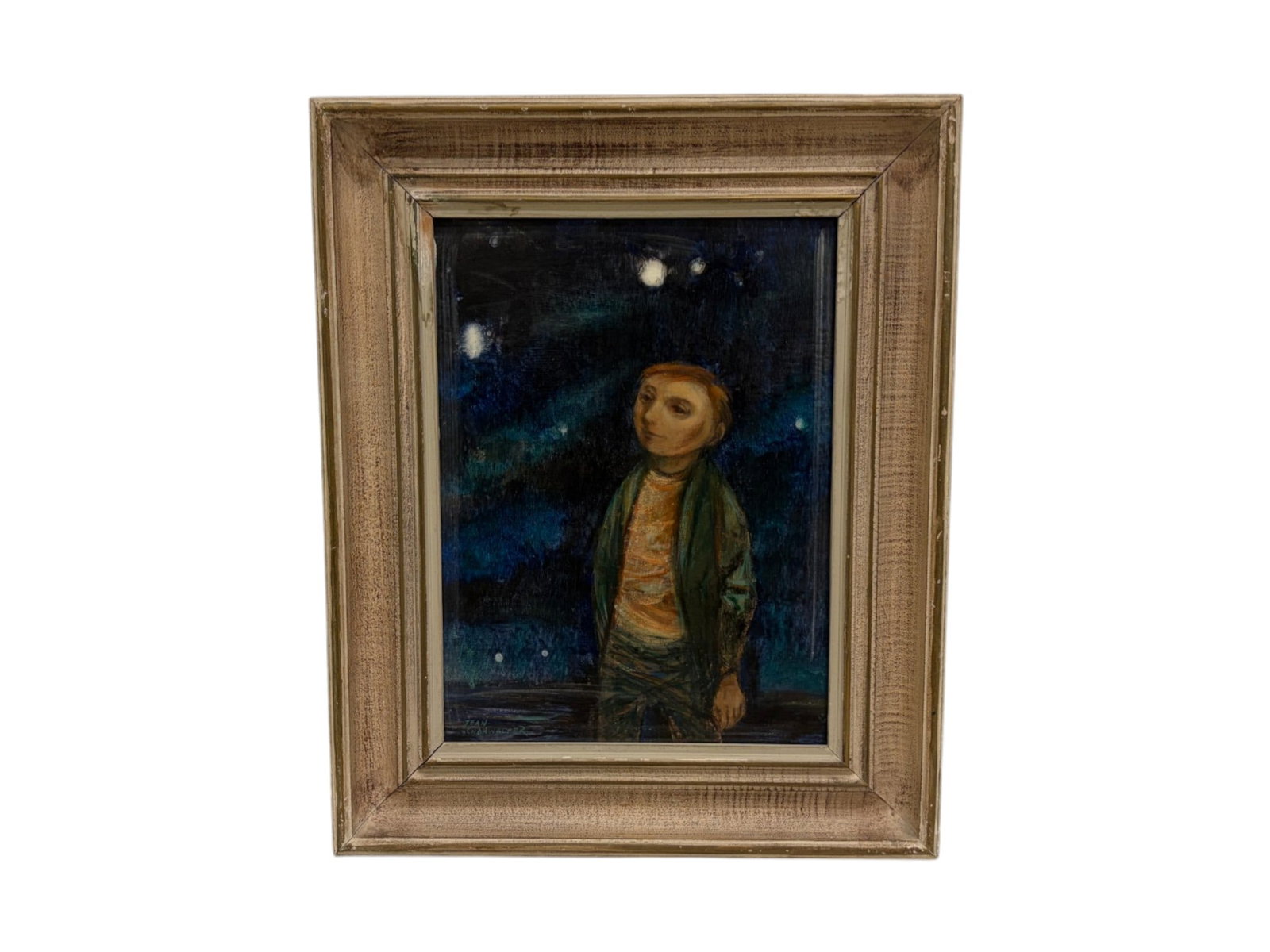 Jean Schonwalter Oil on Masonite Portrait: Jean Schonwalter (American, 1919-1998). Oil on masonite, portrait of a boy looking at the stars. Signed lower left. Dimensions: H:22" W:18" D:1.5", sight size 15.5" x 11.5"
