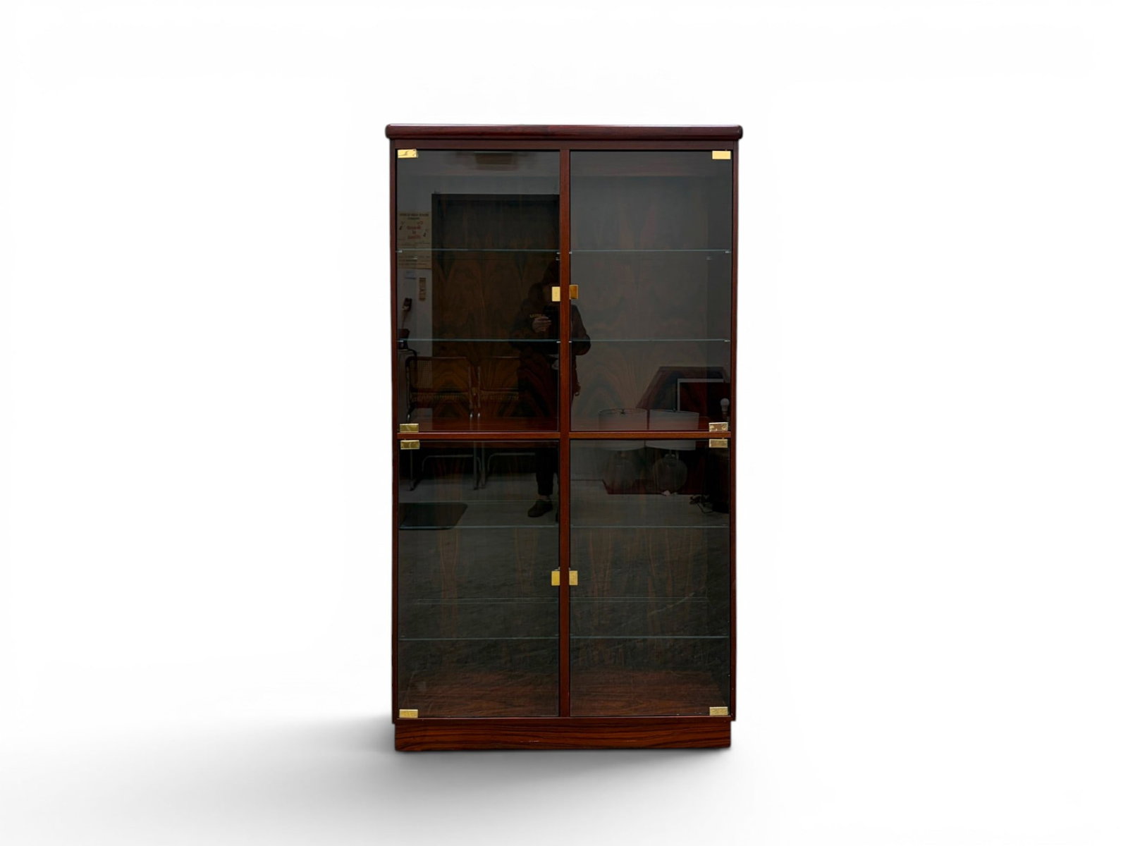 Rasmus Danish Modern Curio Cabinet: Rasmus Danish modern rosewood curio display cabinet. Glass doors with brass hardware, interior glass shelves. Rasmus label with Danish Control mark on back panel. Dimensions: H: 70.25" W: 39.25" D:14.